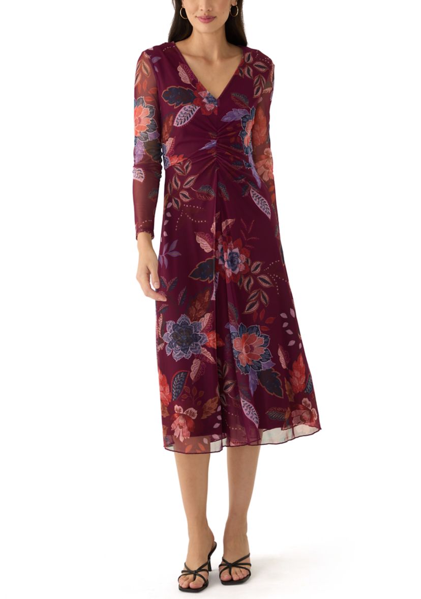 Womens Long Sleeve Floral Print Mesh Fit and Flare Dress