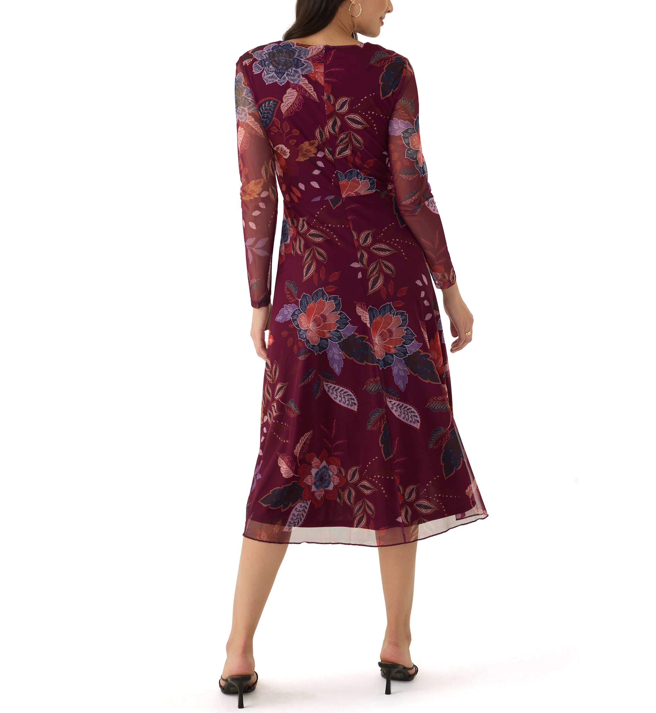 Womens Long Sleeve Floral Print Mesh Fit and Flare Dress