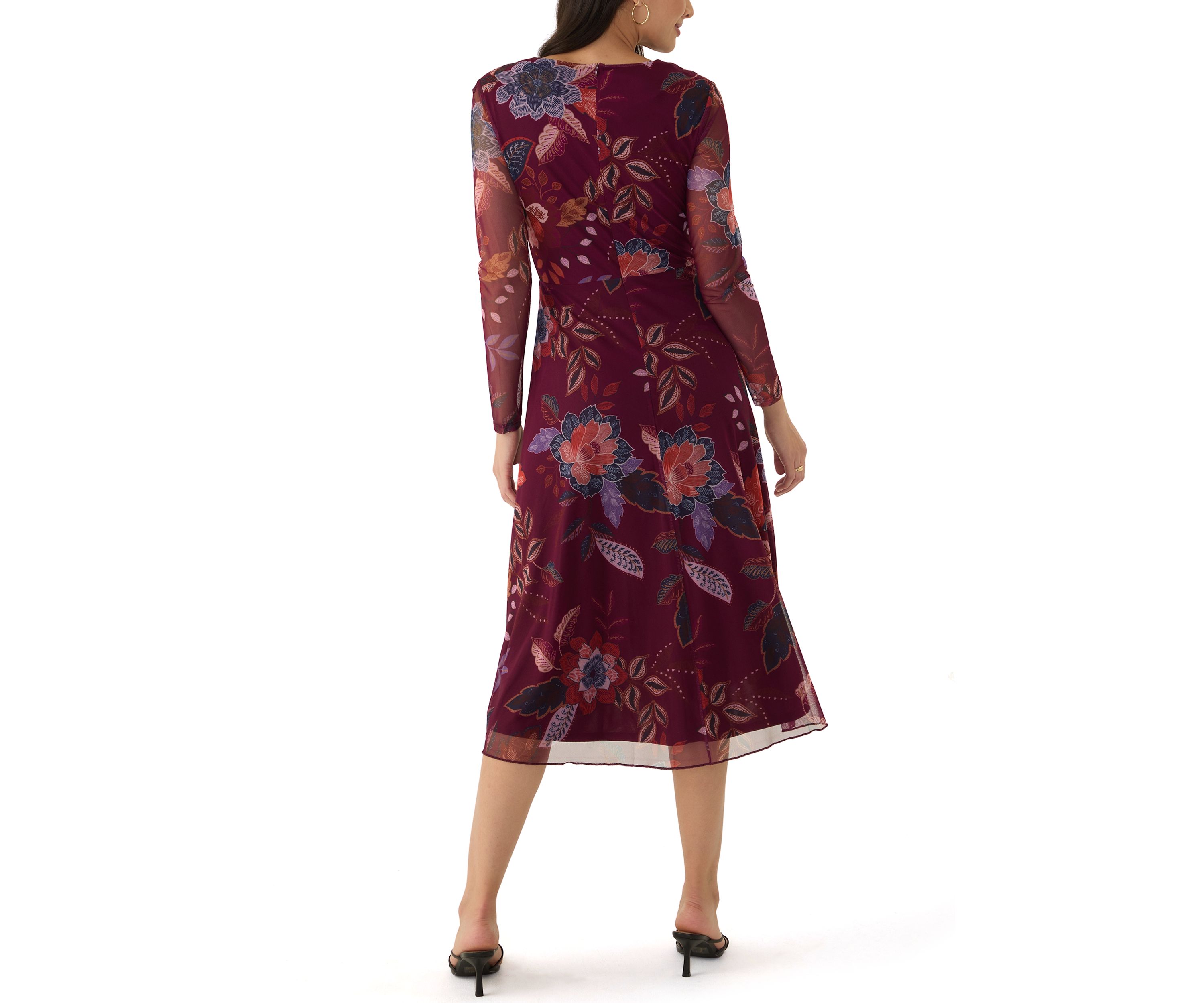 Womens Long Sleeve Floral Print Mesh Fit and Flare Dress