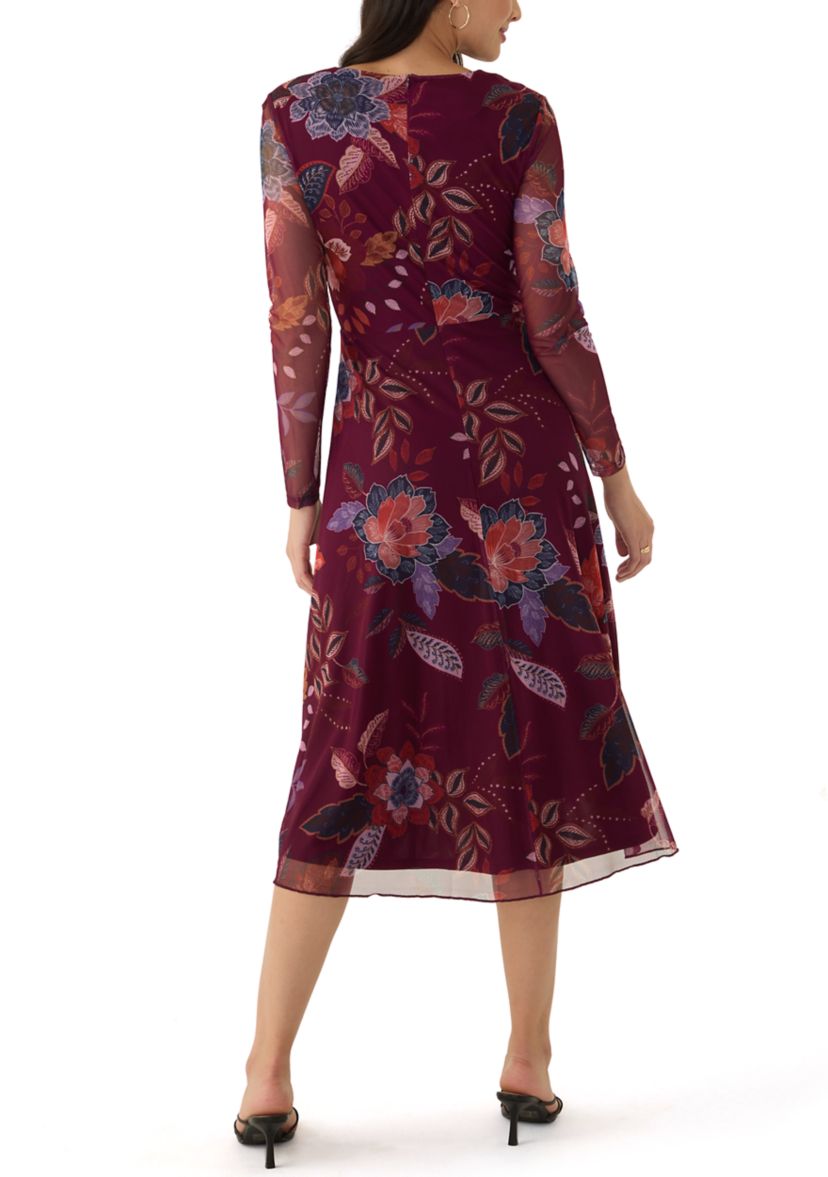 Womens Long Sleeve Floral Print Mesh Fit and Flare Dress