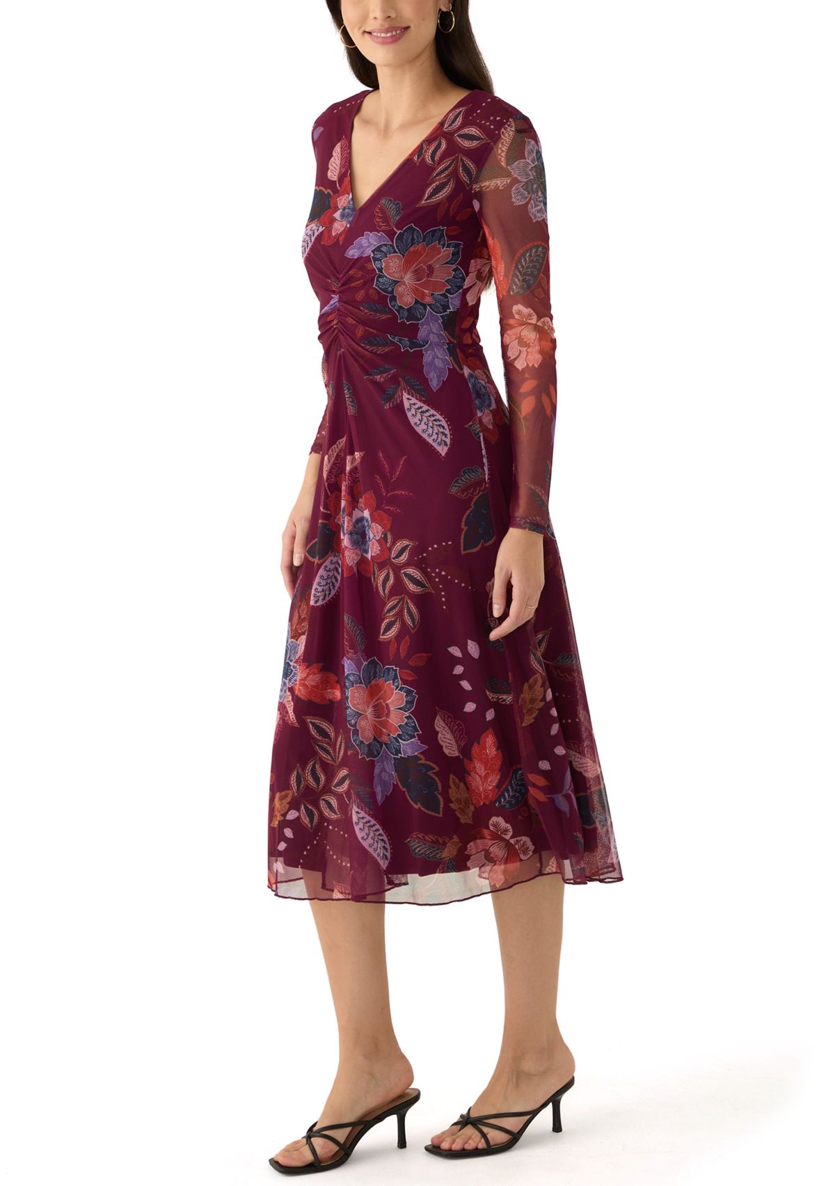 Womens Long Sleeve Floral Print Mesh Fit and Flare Dress