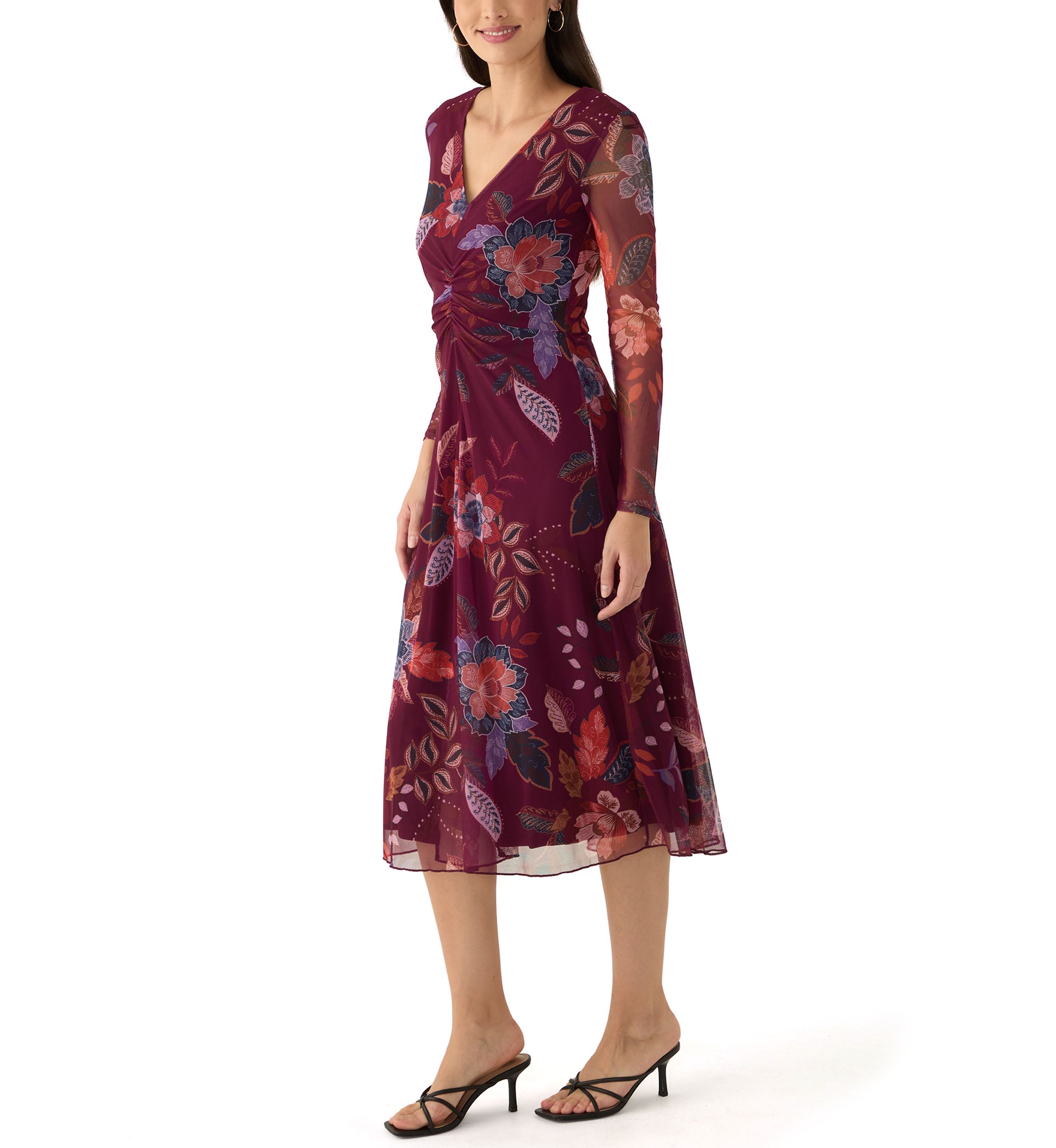 Womens Long Sleeve Floral Print Mesh Fit and Flare Dress