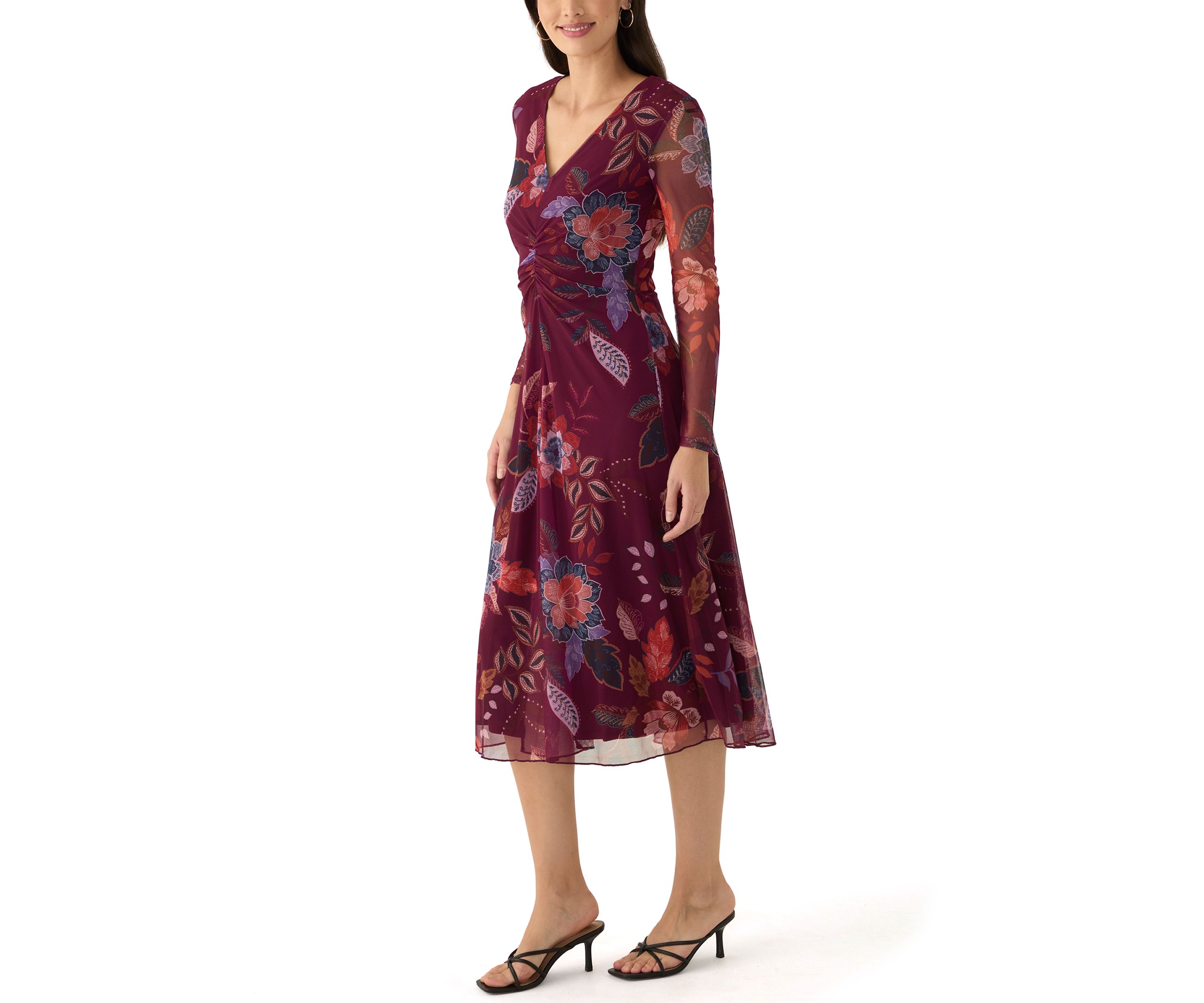 Womens Long Sleeve Floral Print Mesh Fit and Flare Dress