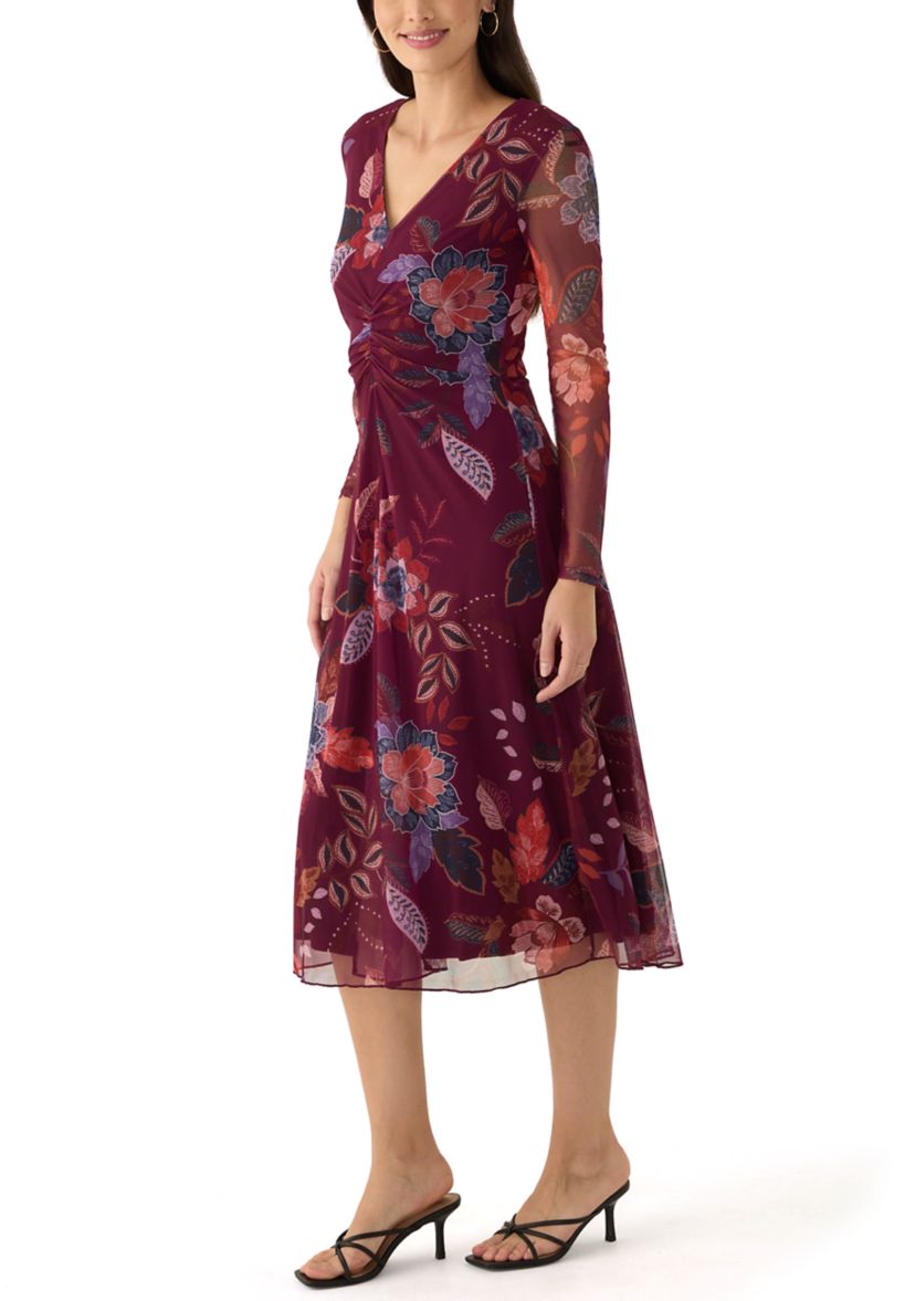 Womens Long Sleeve Floral Print Mesh Fit and Flare Dress