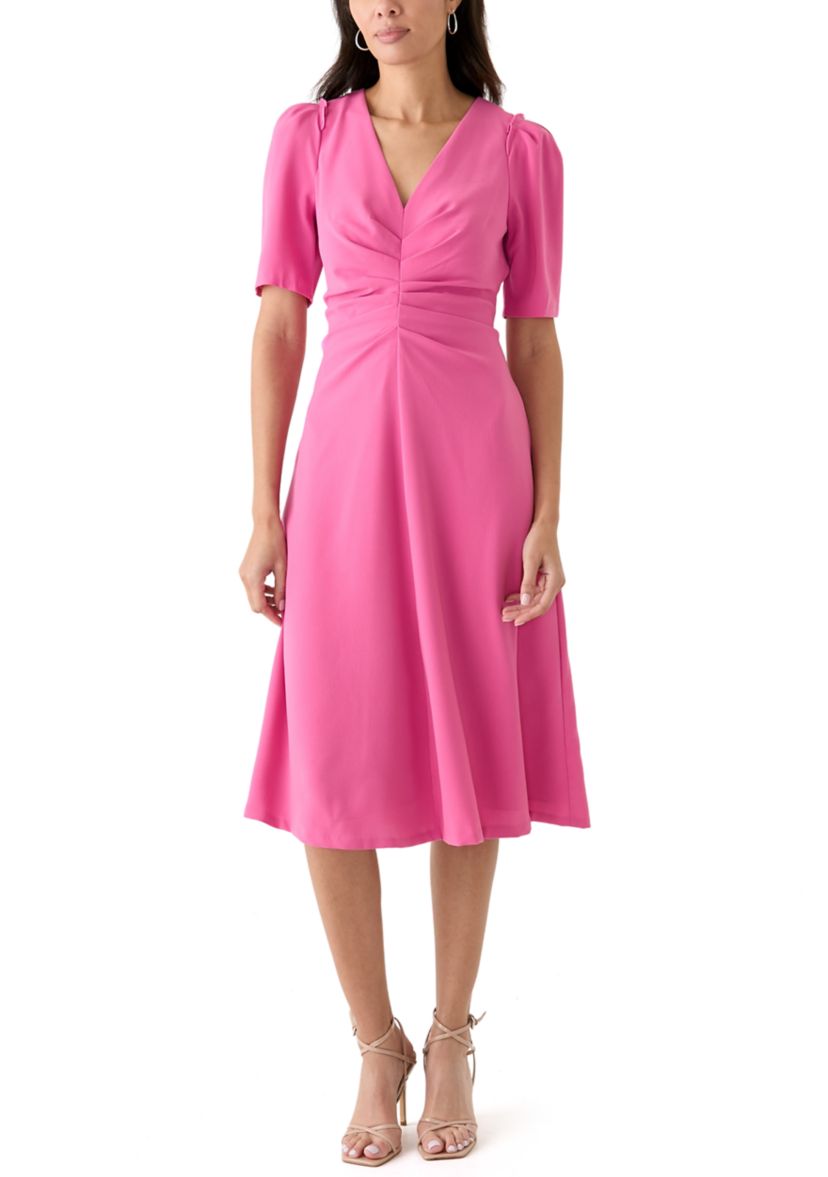 Womens Short Sleeve V-Neck Twist Fit and Flare Dress