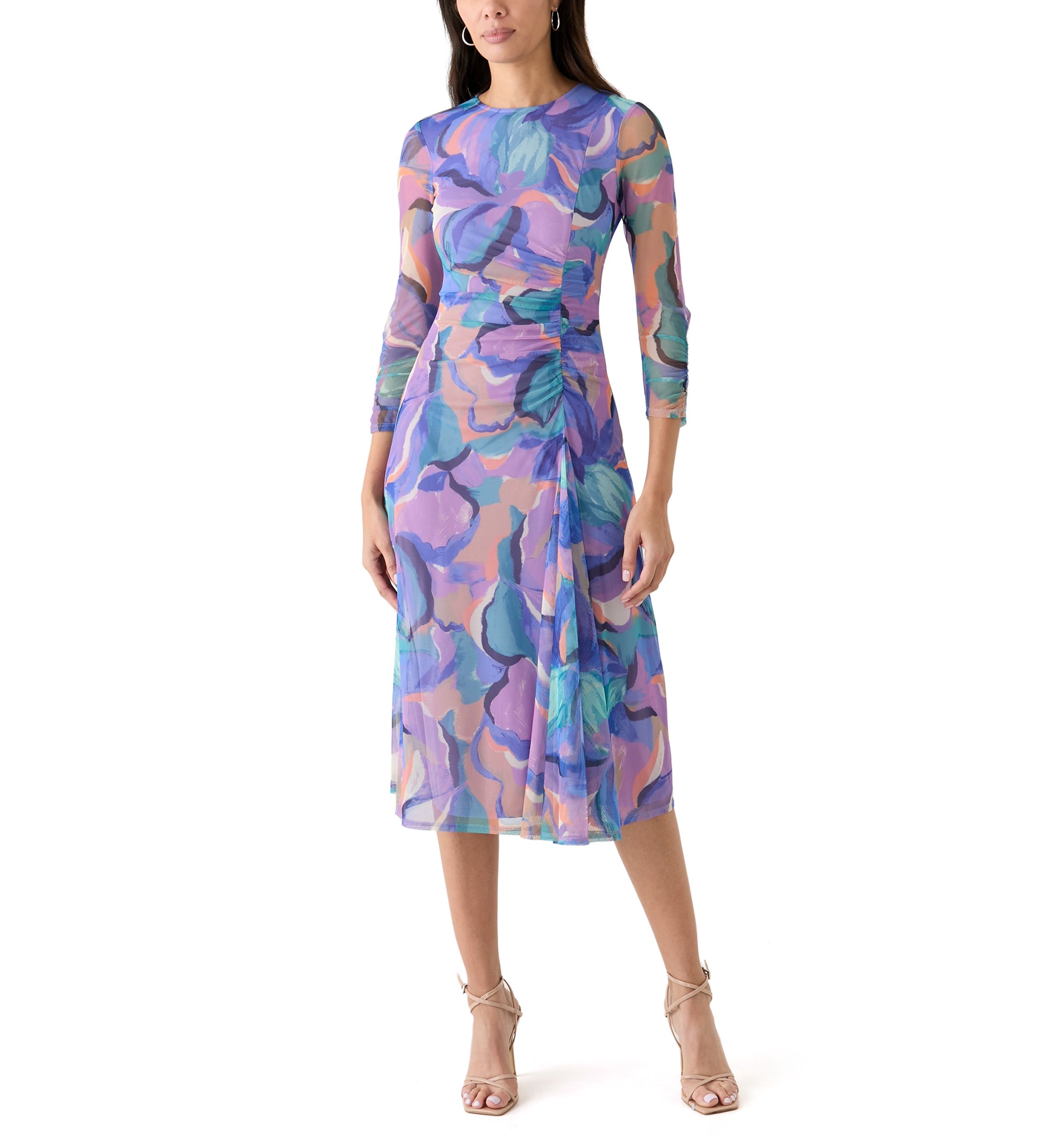 Womens Long Sleeve Geo Print Ruched Midi Dress