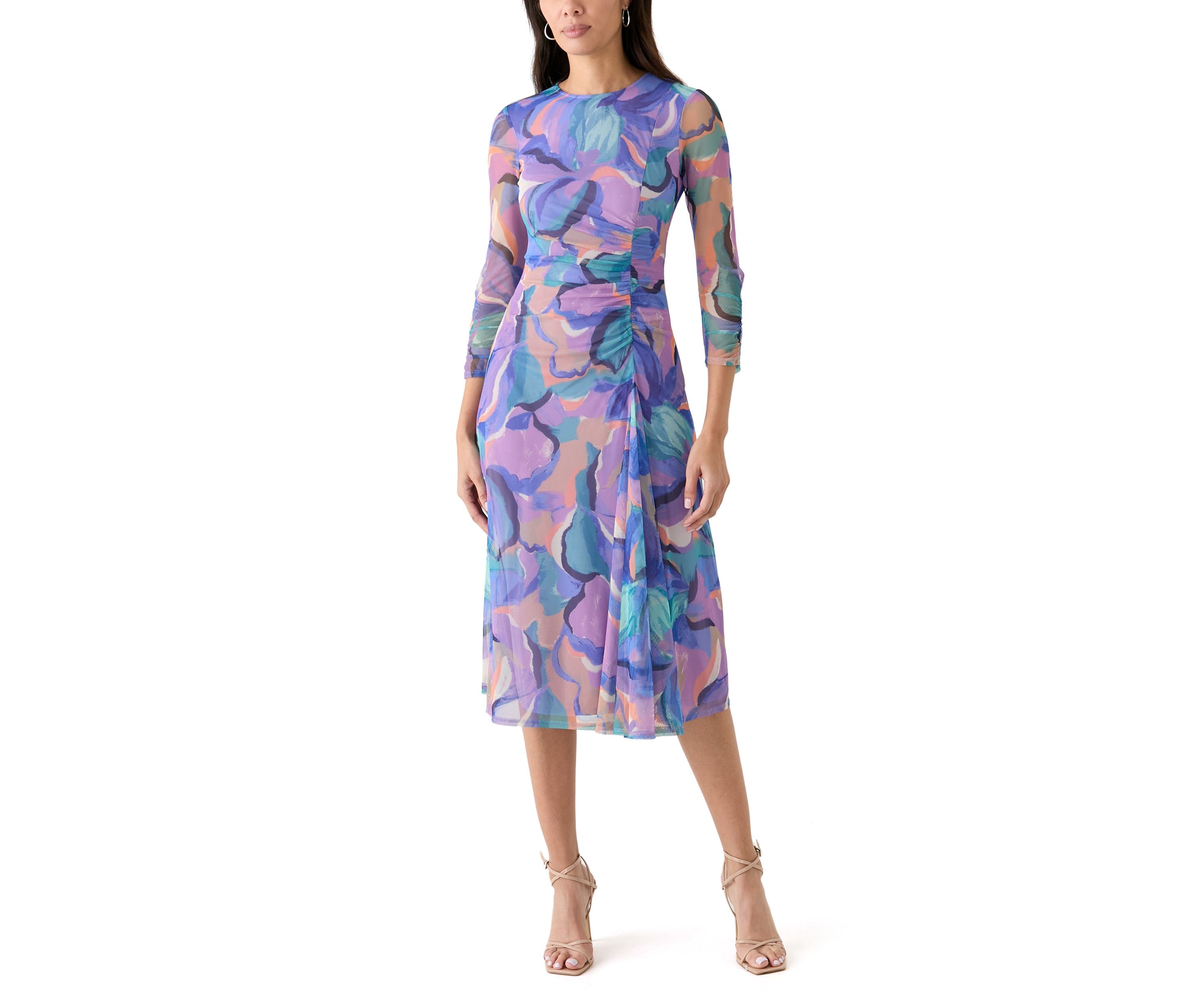 Womens Long Sleeve Geo Print Ruched Midi Dress