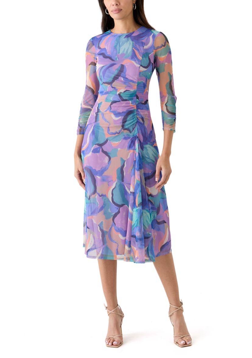 Womens Long Sleeve Geo Print Ruched Midi Dress