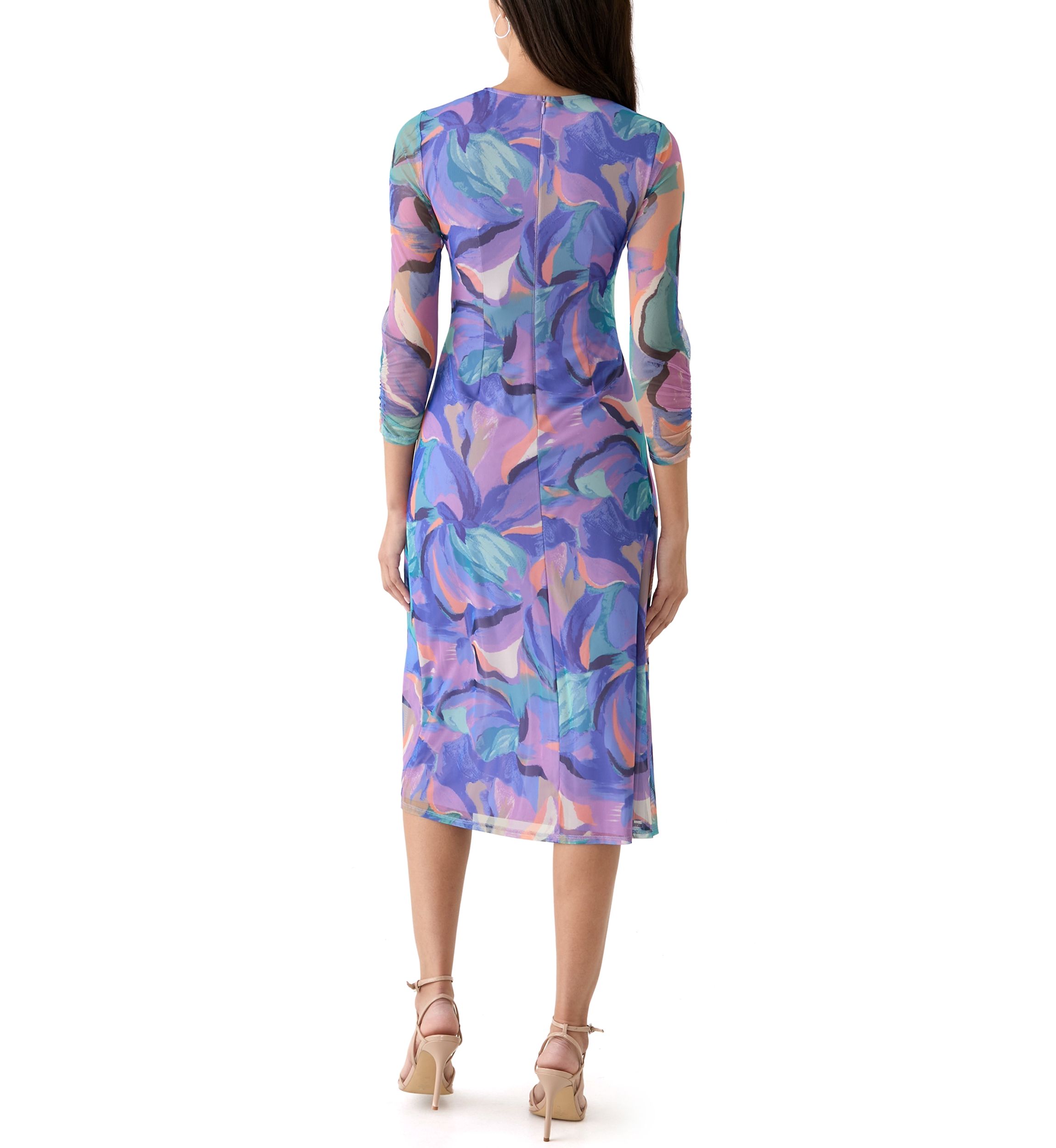Womens Long Sleeve Geo Print Ruched Midi Dress