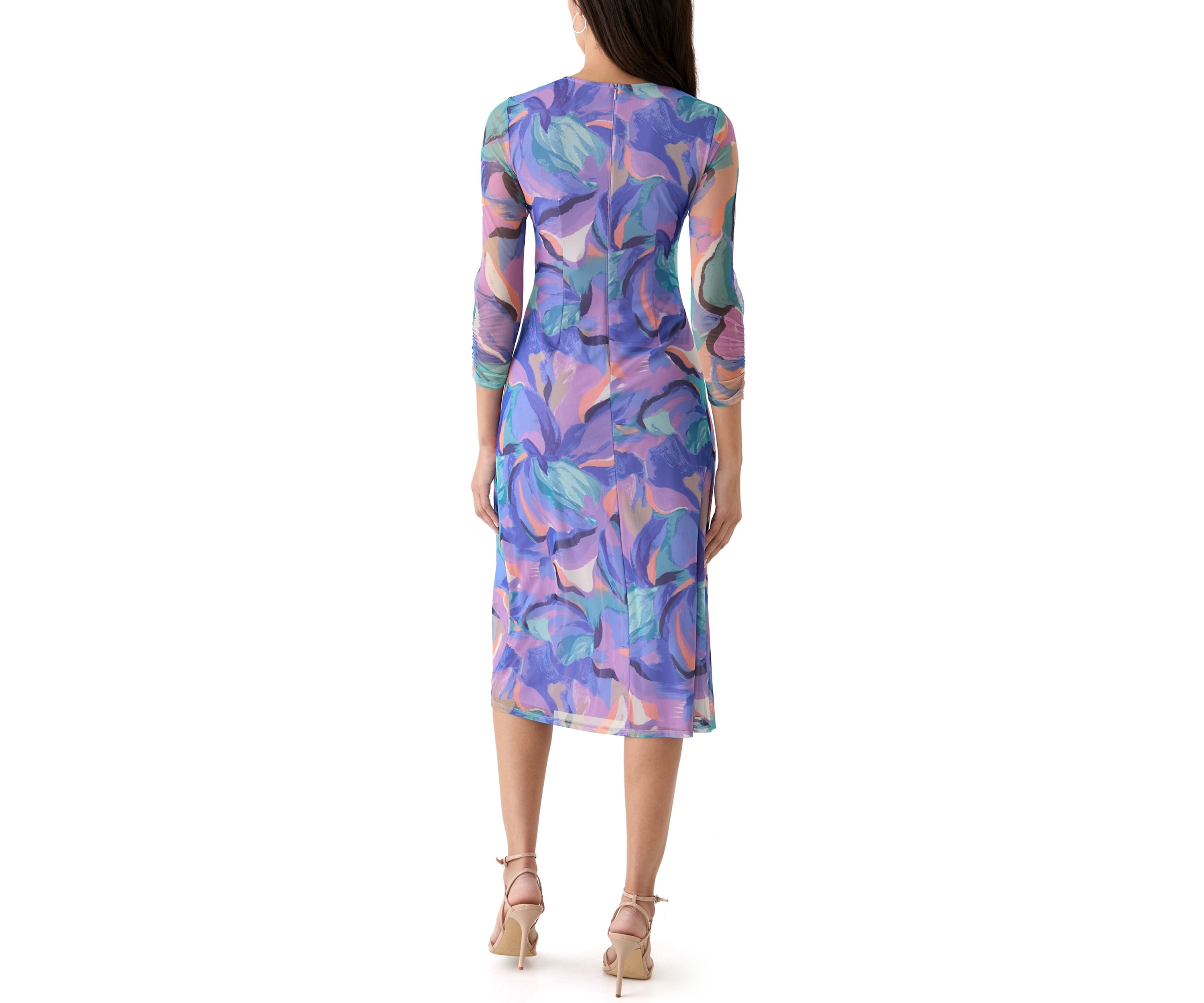 Womens Long Sleeve Geo Print Ruched Midi Dress