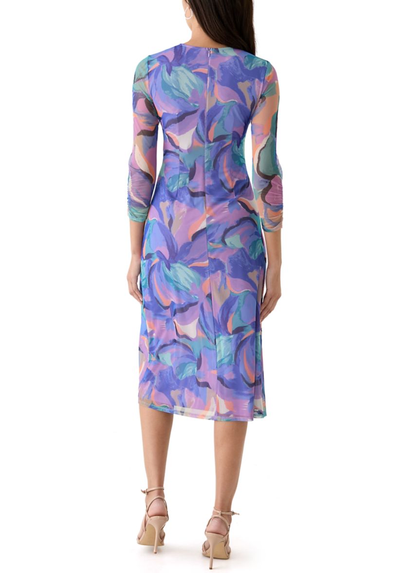 Womens Long Sleeve Geo Print Ruched Midi Dress