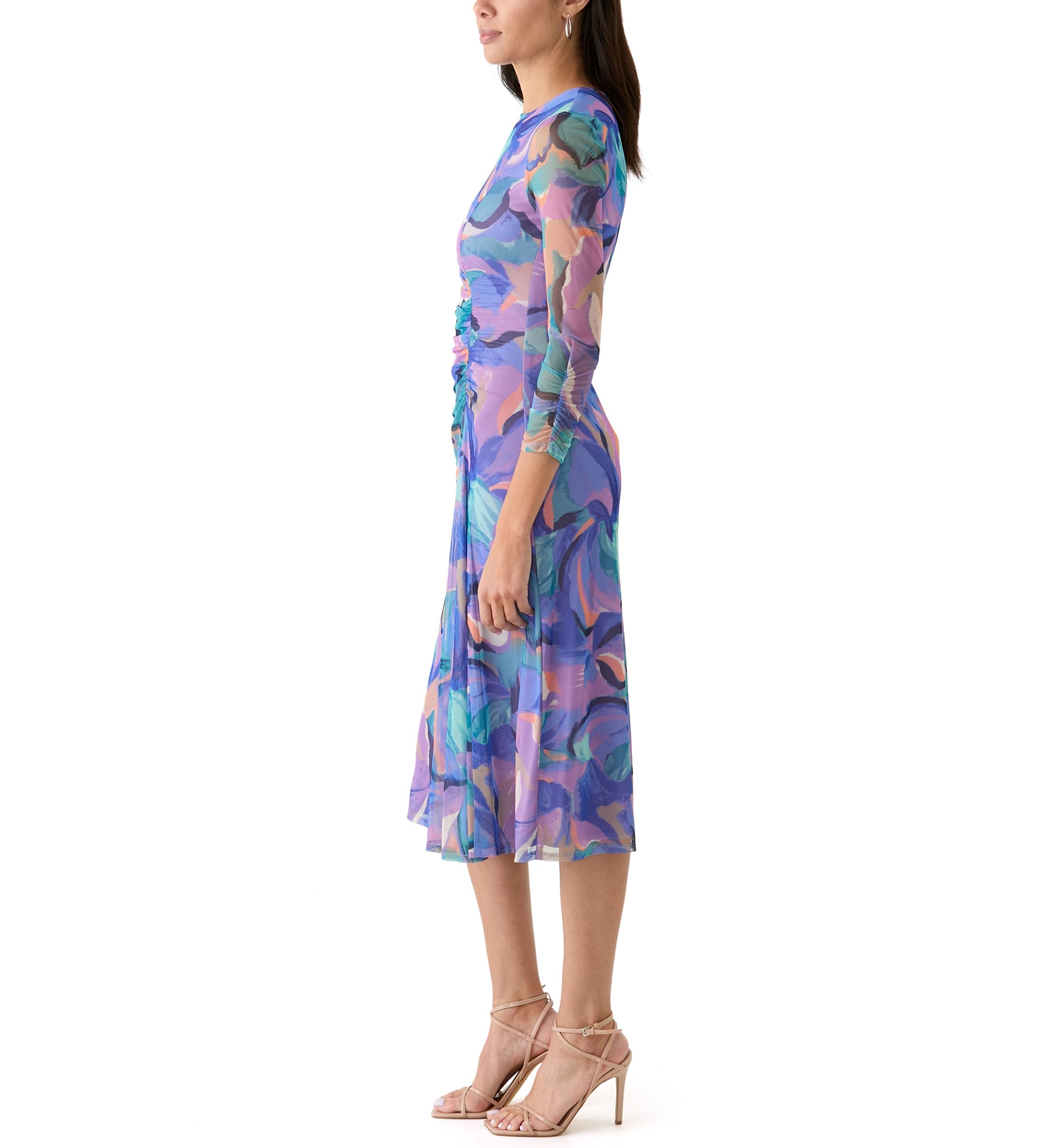 Womens Long Sleeve Geo Print Ruched Midi Dress