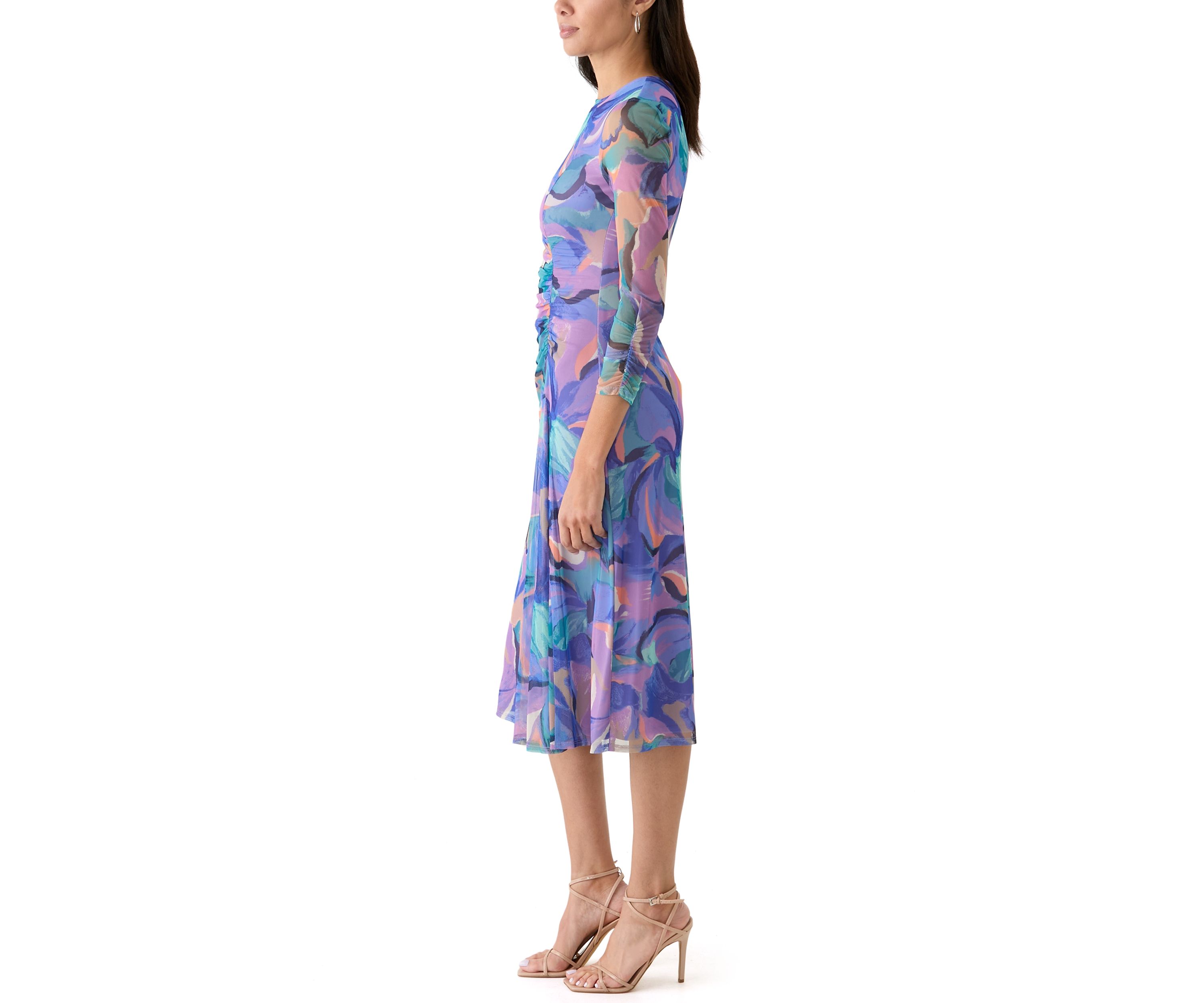 Womens Long Sleeve Geo Print Ruched Midi Dress
