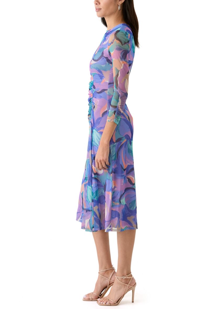 Womens Long Sleeve Geo Print Ruched Midi Dress