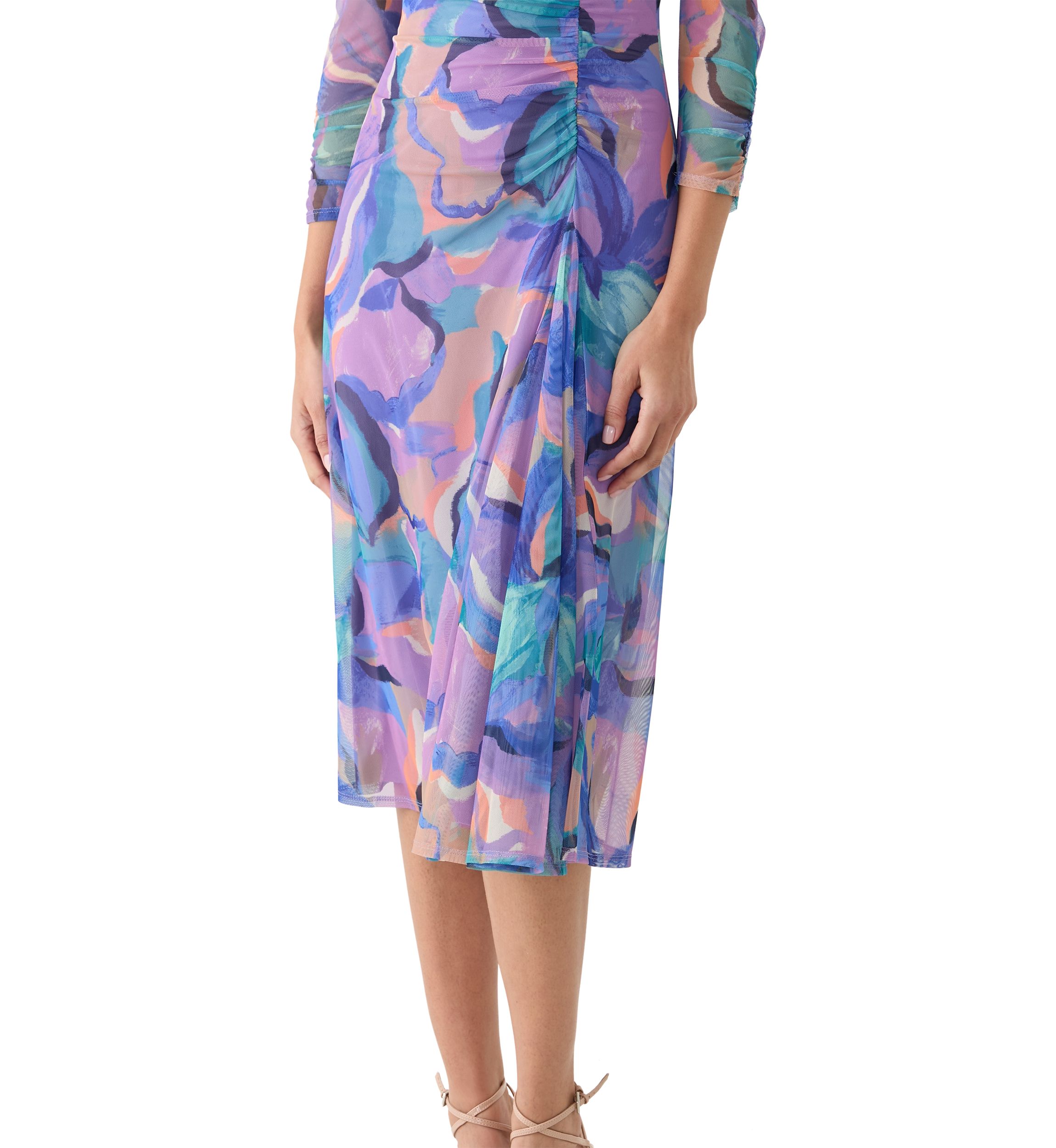 Womens Long Sleeve Geo Print Ruched Midi Dress