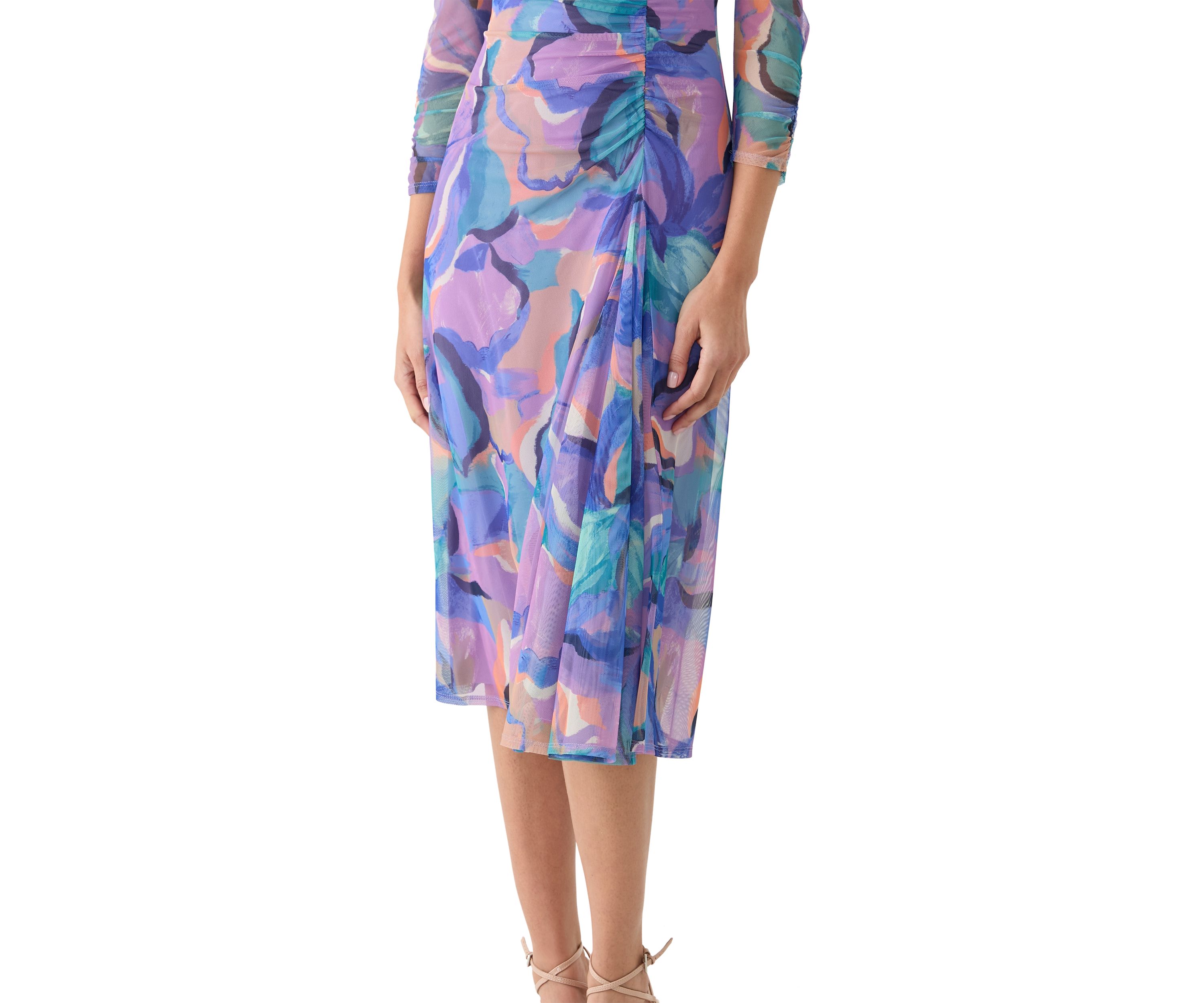 Womens Long Sleeve Geo Print Ruched Midi Dress