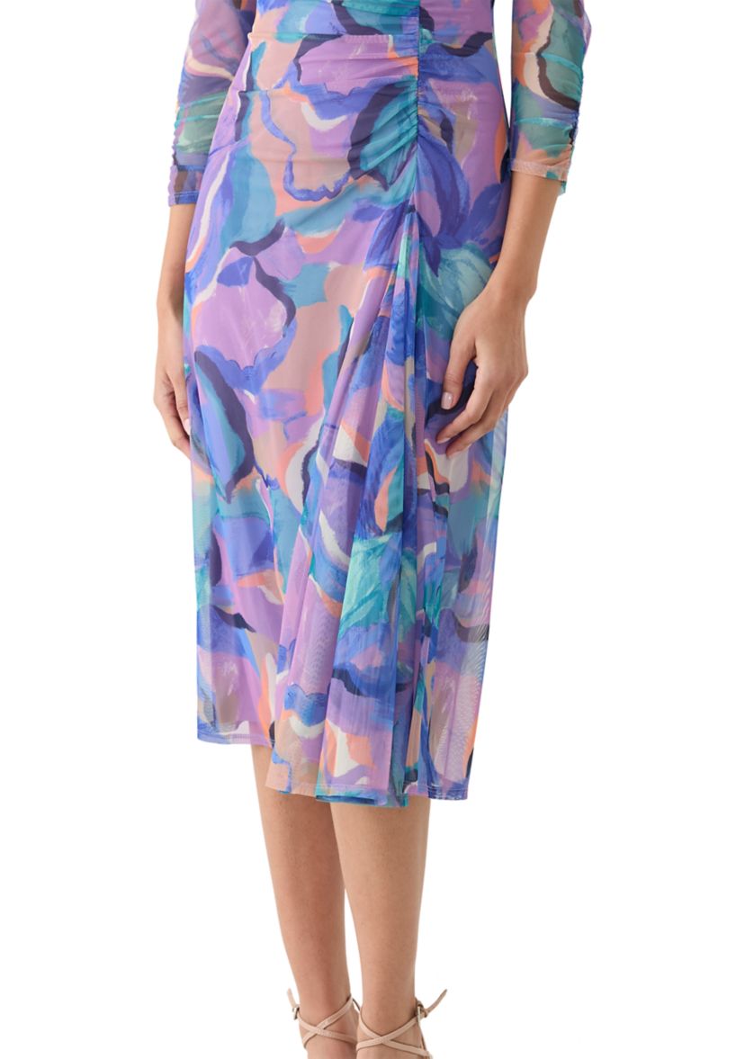 Womens Long Sleeve Geo Print Ruched Midi Dress