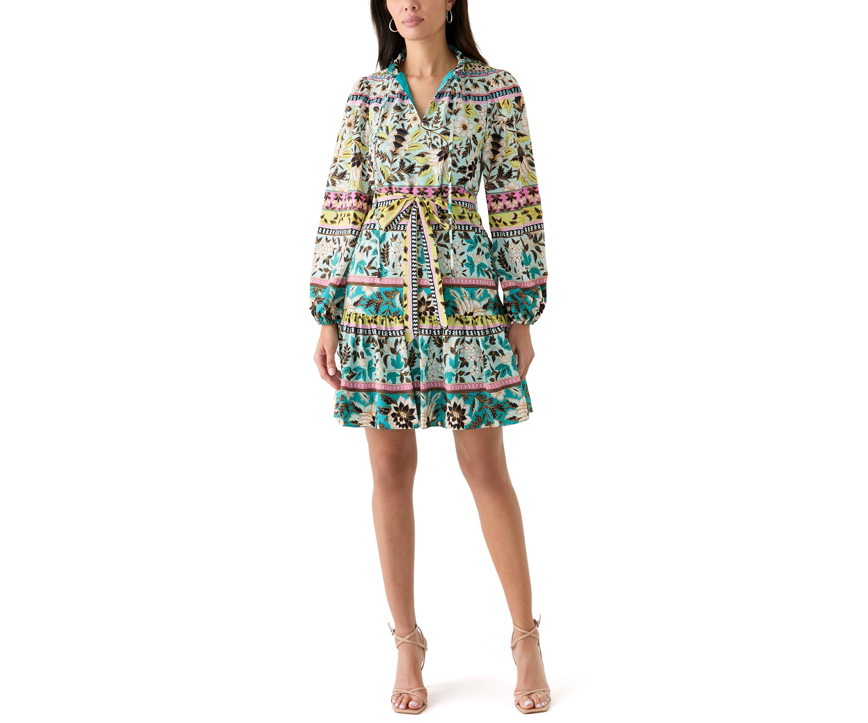 Womens 3/4 Sleeve High Neck Floral Print Fit and Flare Dress