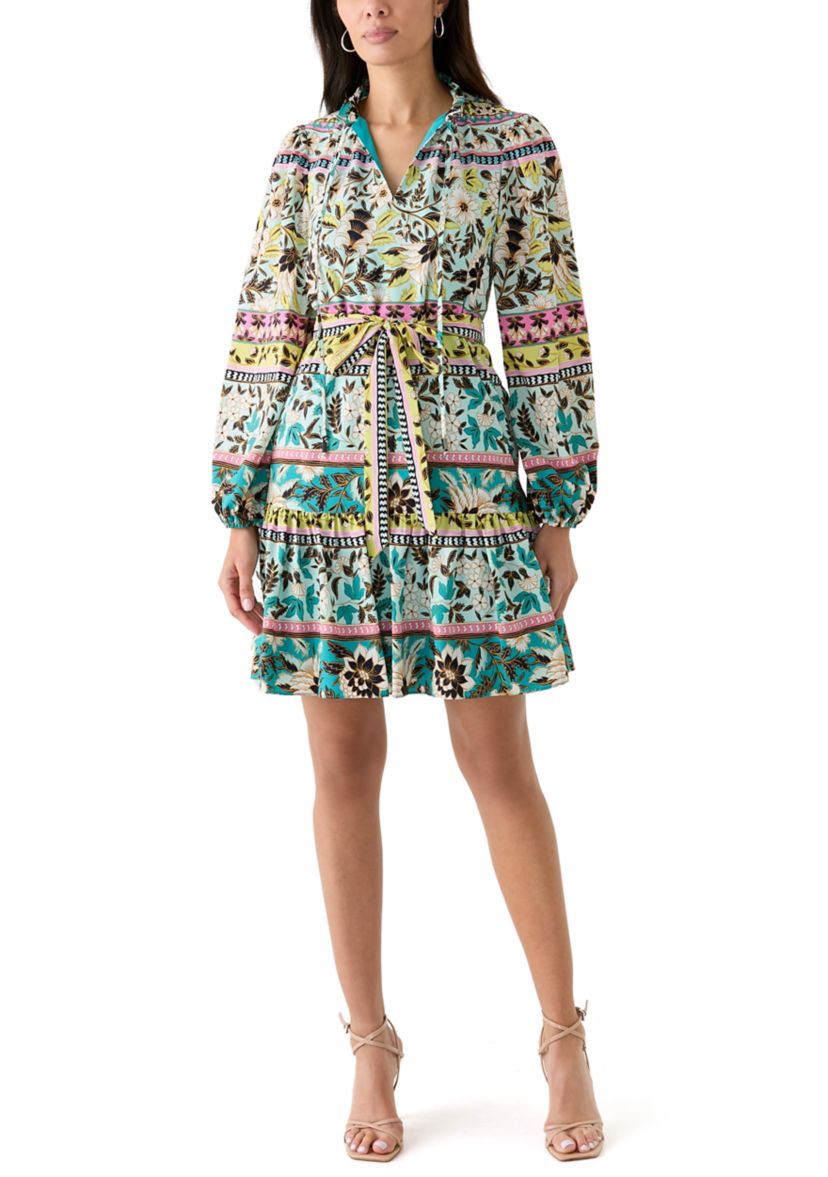 Womens 3/4 Sleeve High Neck Floral Print Fit and Flare Dress