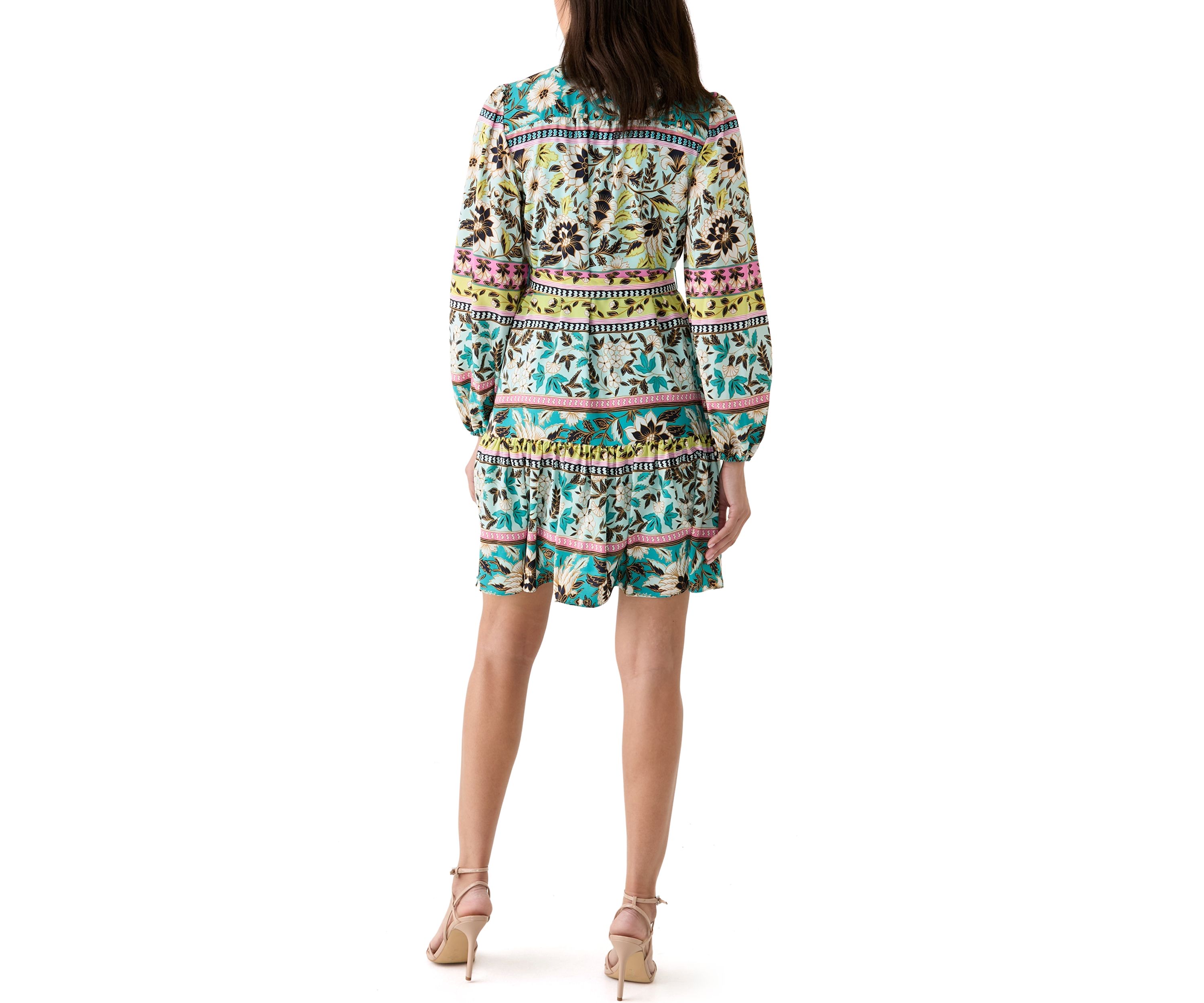 Womens 3/4 Sleeve High Neck Floral Print Fit and Flare Dress