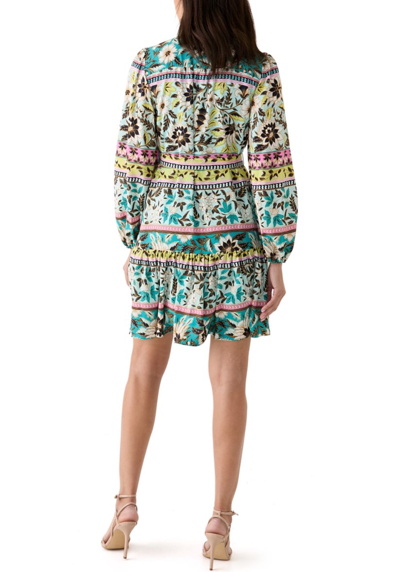 Womens 3/4 Sleeve High Neck Floral Print Fit and Flare Dress