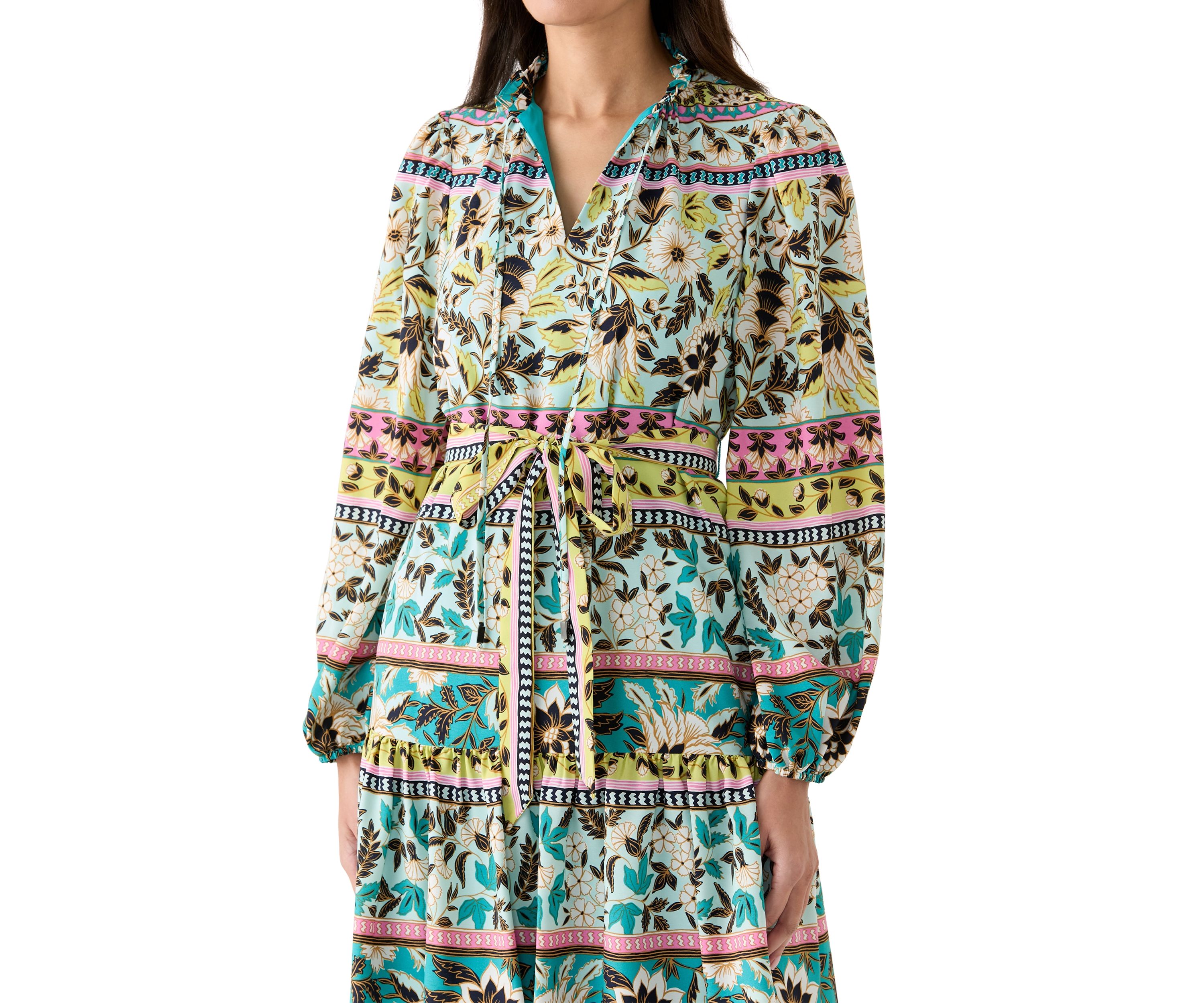 Womens 3/4 Sleeve High Neck Floral Print Fit and Flare Dress