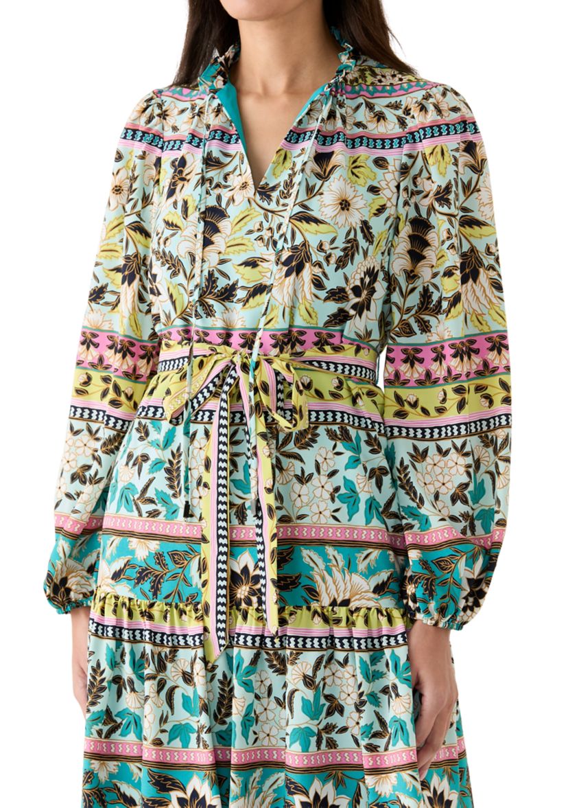 Womens 3/4 Sleeve High Neck Floral Print Fit and Flare Dress