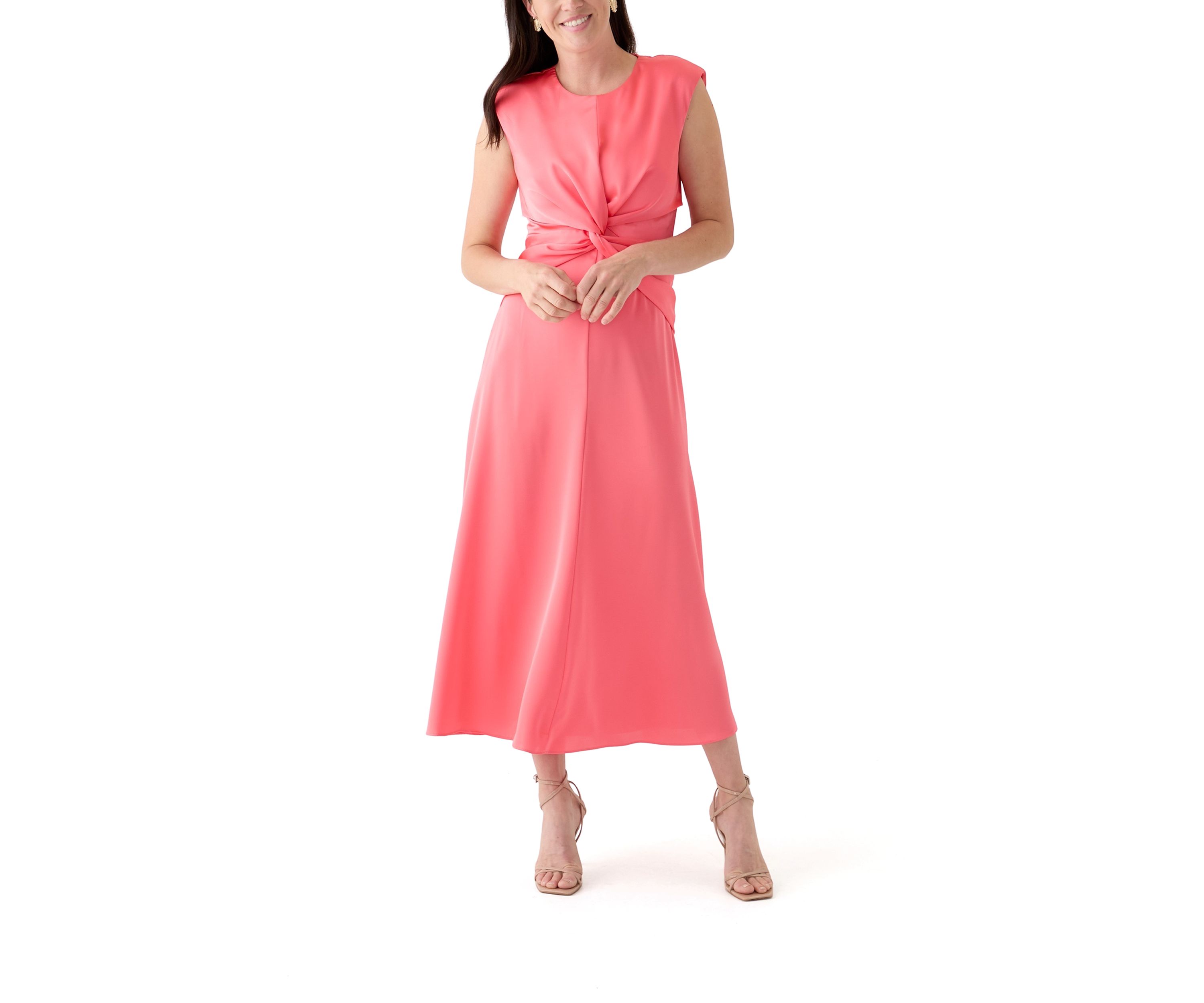 Womens Short Sleeve Crew Neck Knot Front Midi Fit and Flare Dress