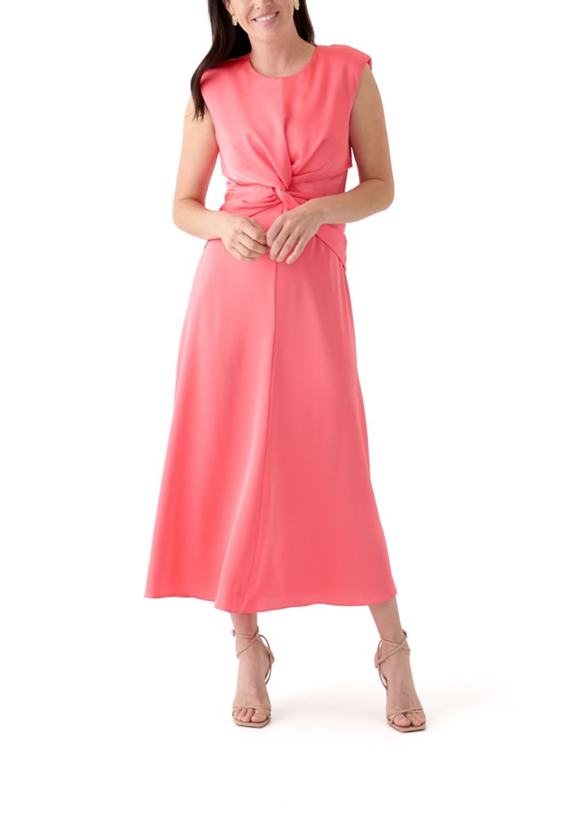 Womens Short Sleeve Crew Neck Knot Front Midi Fit and Flare Dress