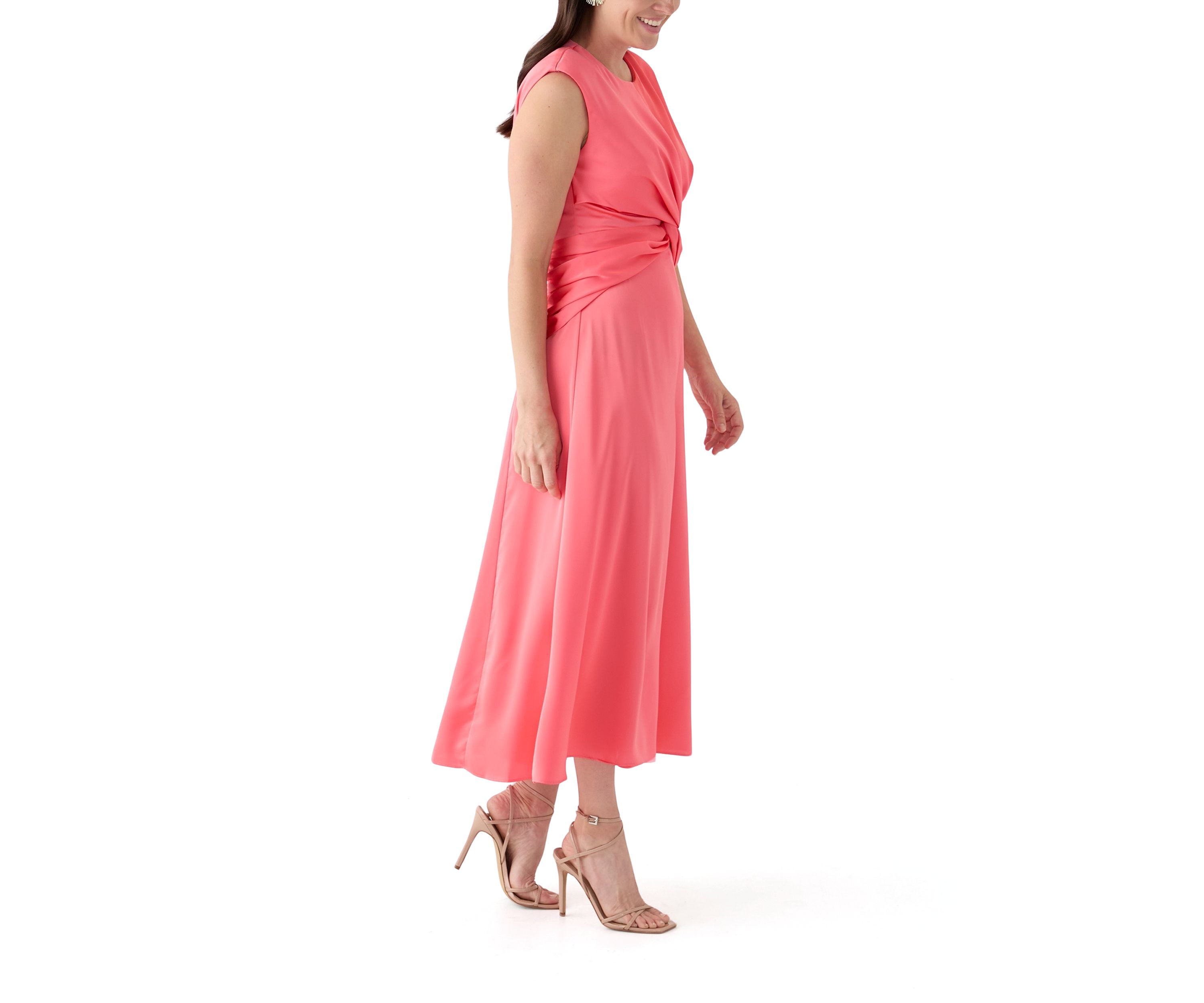 Womens Short Sleeve Crew Neck Knot Front Midi Fit and Flare Dress