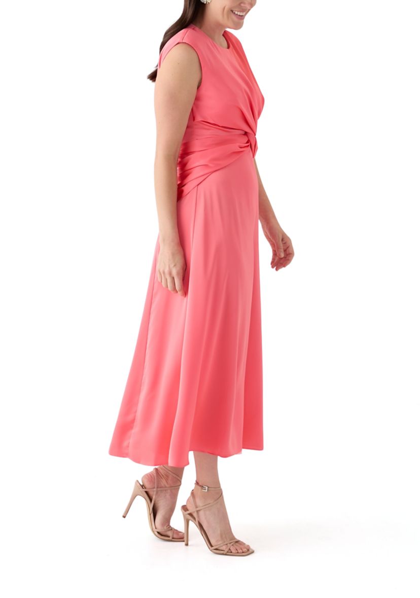 Womens Short Sleeve Crew Neck Knot Front Midi Fit and Flare Dress