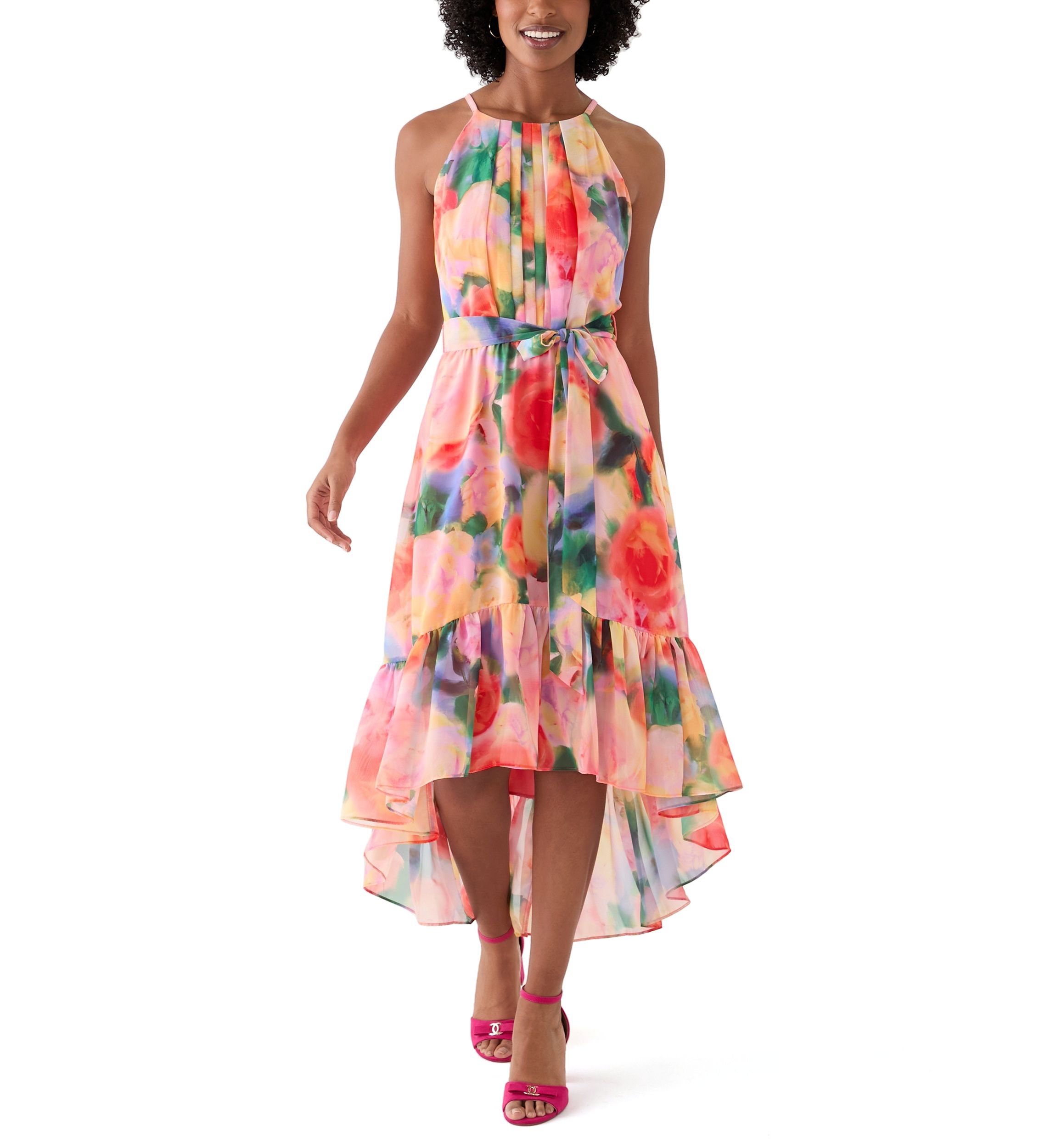 Womens Sleeveless Halter Print Chiffon Fit and Flare Dress