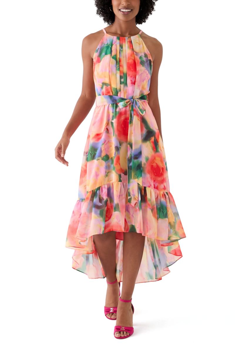 Womens Sleeveless Halter Print Chiffon Fit and Flare Dress