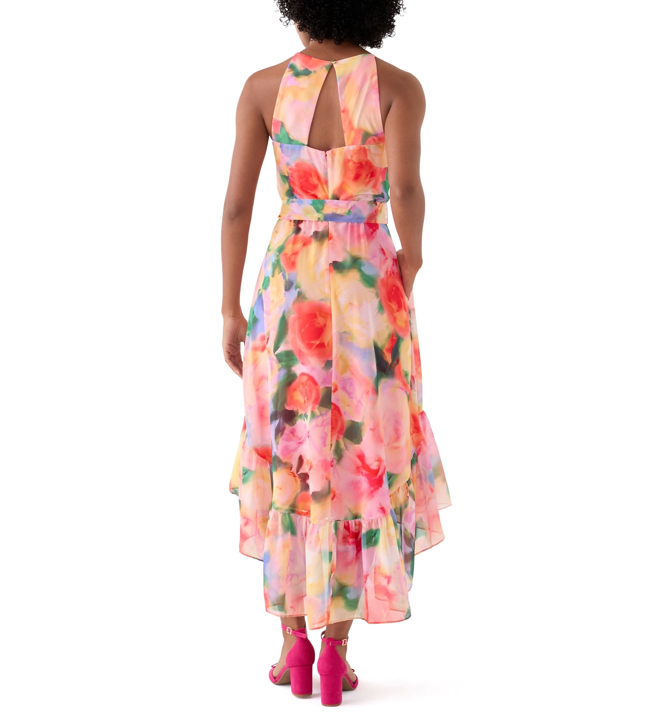Womens Sleeveless Halter Print Chiffon Fit and Flare Dress