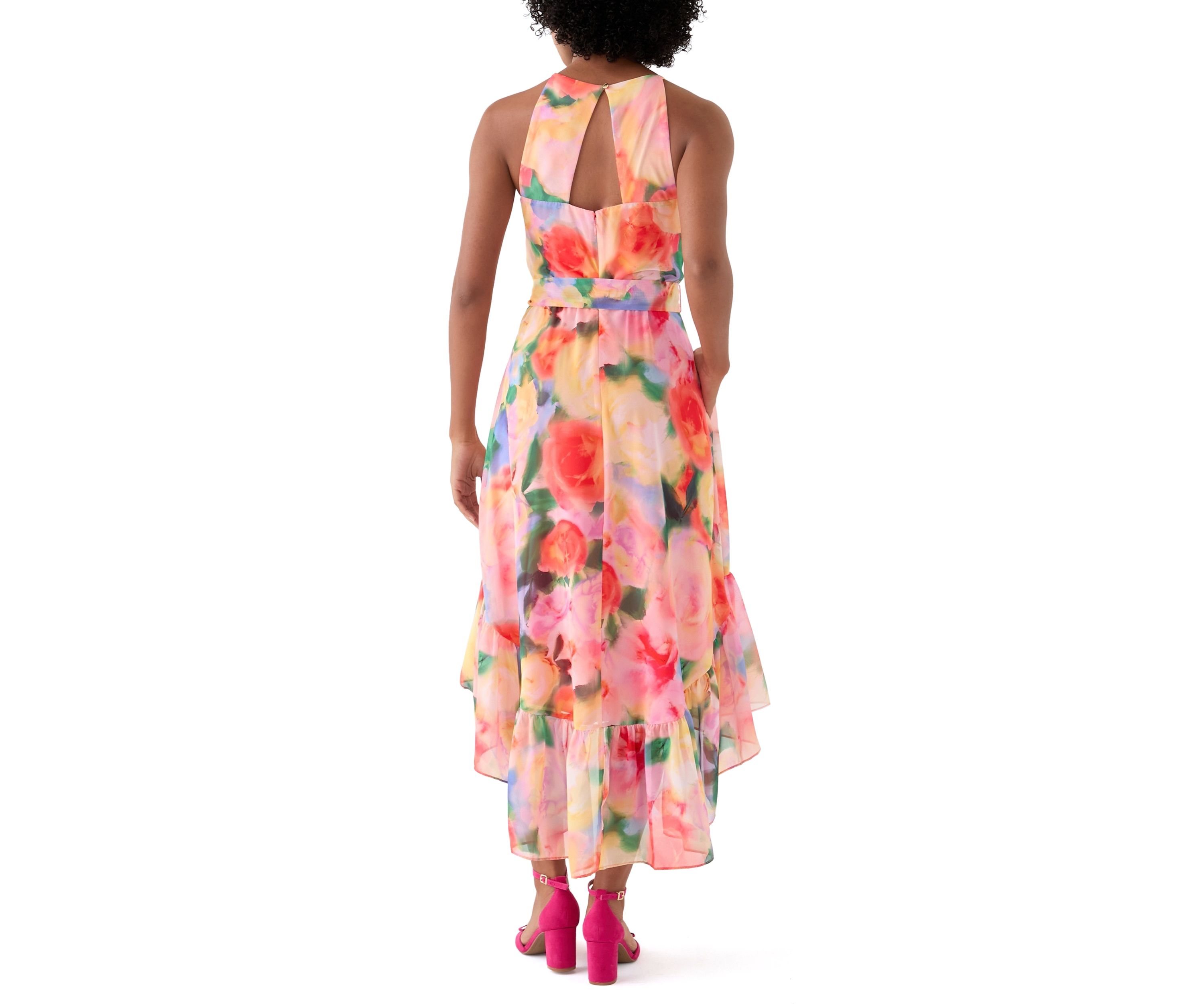 Womens Sleeveless Halter Print Chiffon Fit and Flare Dress