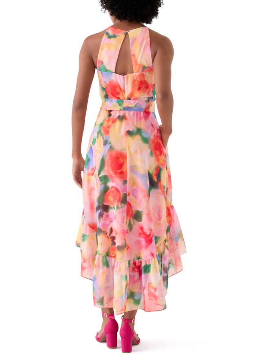 Womens Sleeveless Halter Print Chiffon Fit and Flare Dress