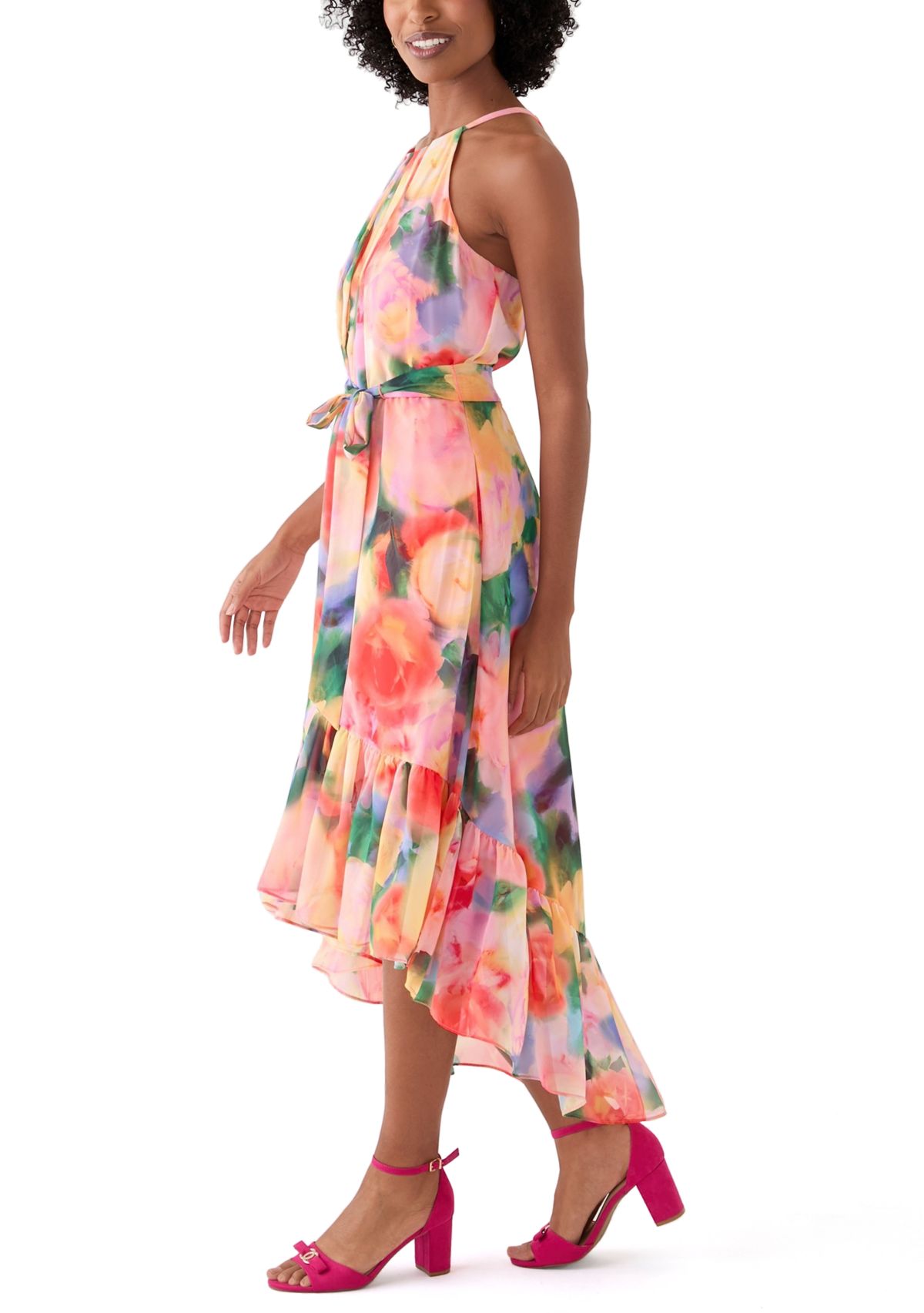 Womens Sleeveless Halter Print Chiffon Fit and Flare Dress