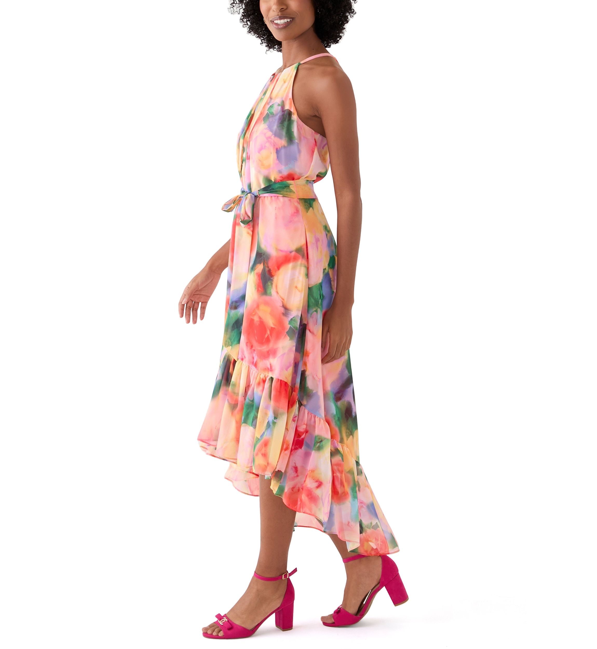 Womens Sleeveless Halter Print Chiffon Fit and Flare Dress