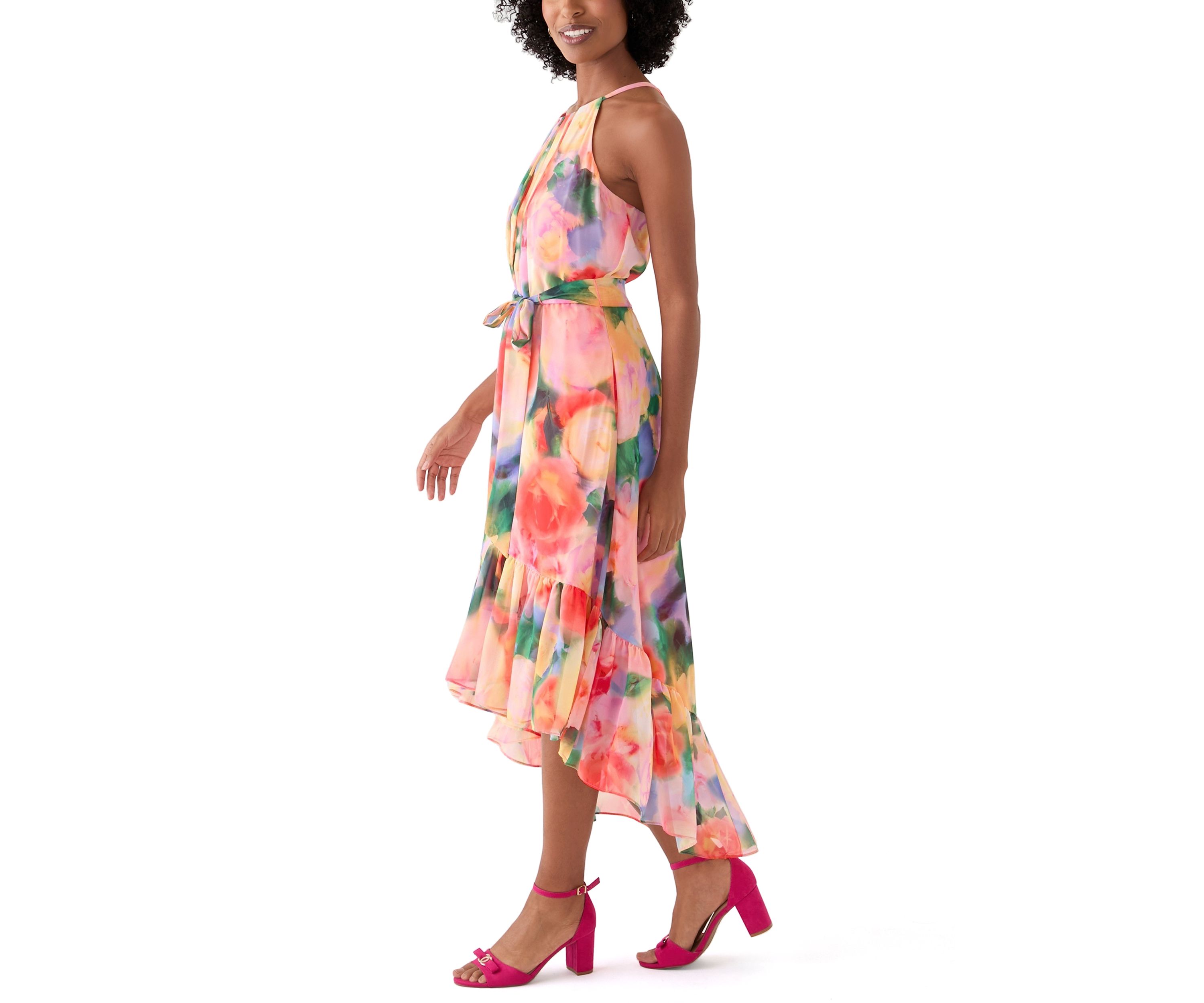 Womens Sleeveless Halter Print Chiffon Fit and Flare Dress