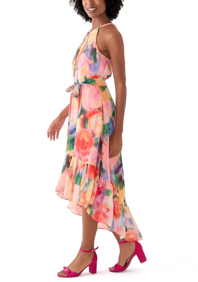 Womens Sleeveless Halter Print Chiffon Fit and Flare Dress