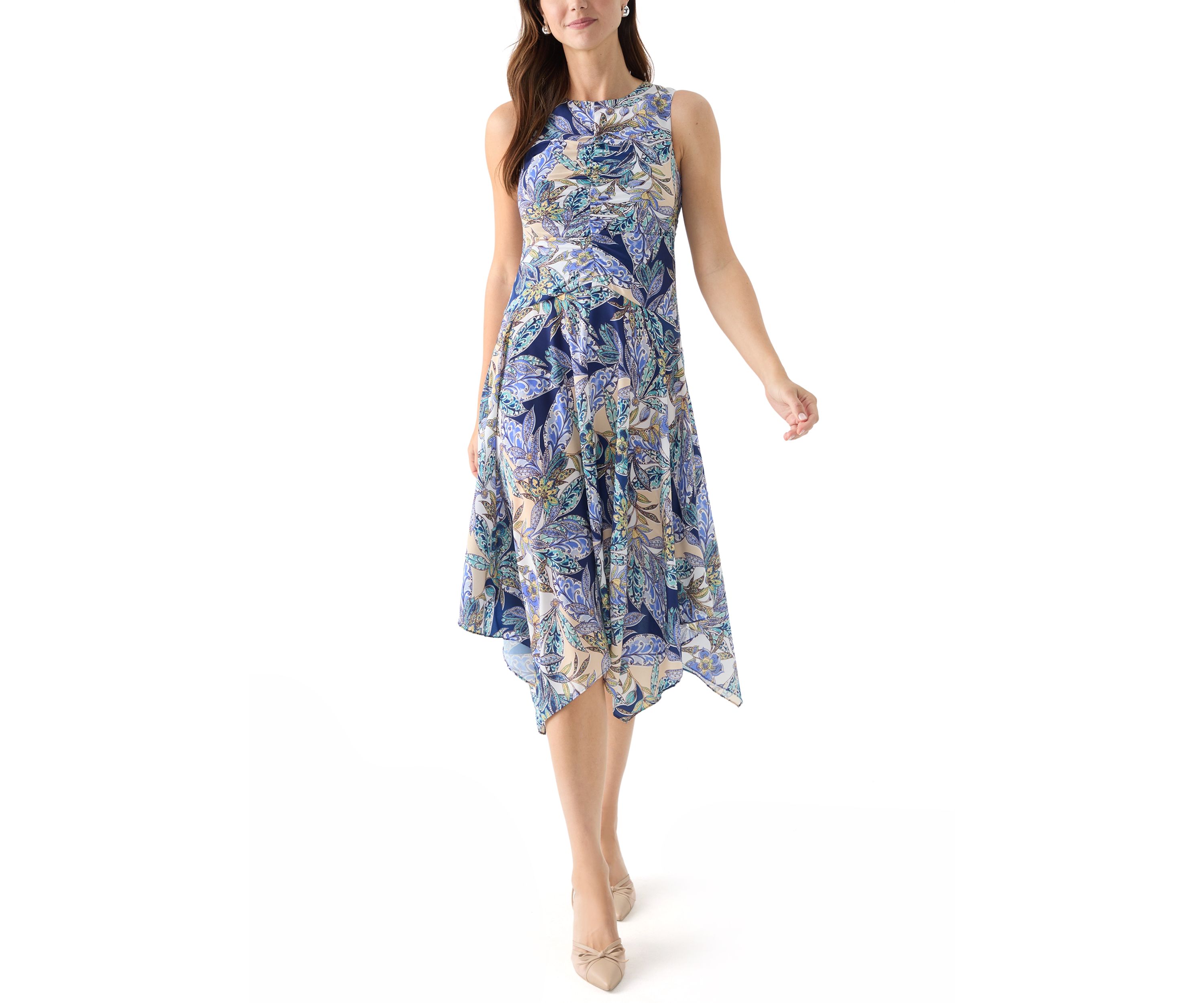 Womens Sleeveless Crew Neck Printed Fit and Flare Dress