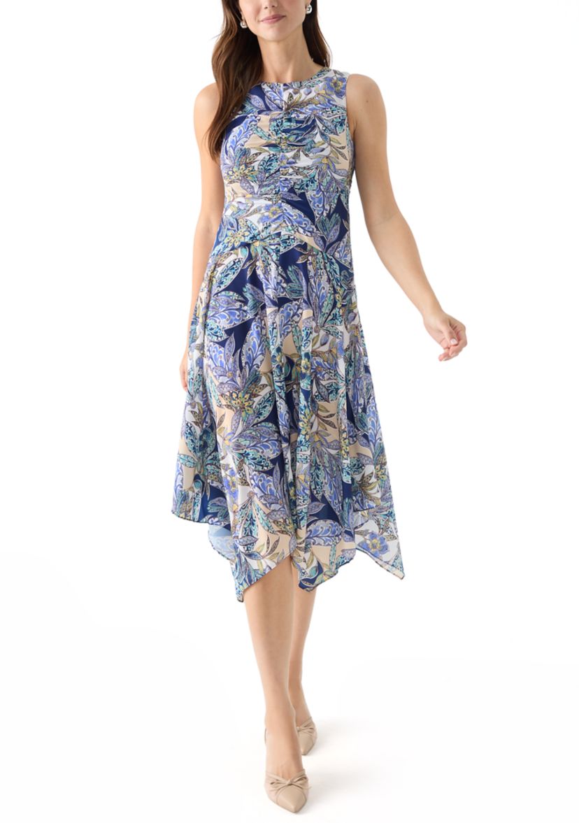 Womens Sleeveless Crew Neck Printed Fit and Flare Dress