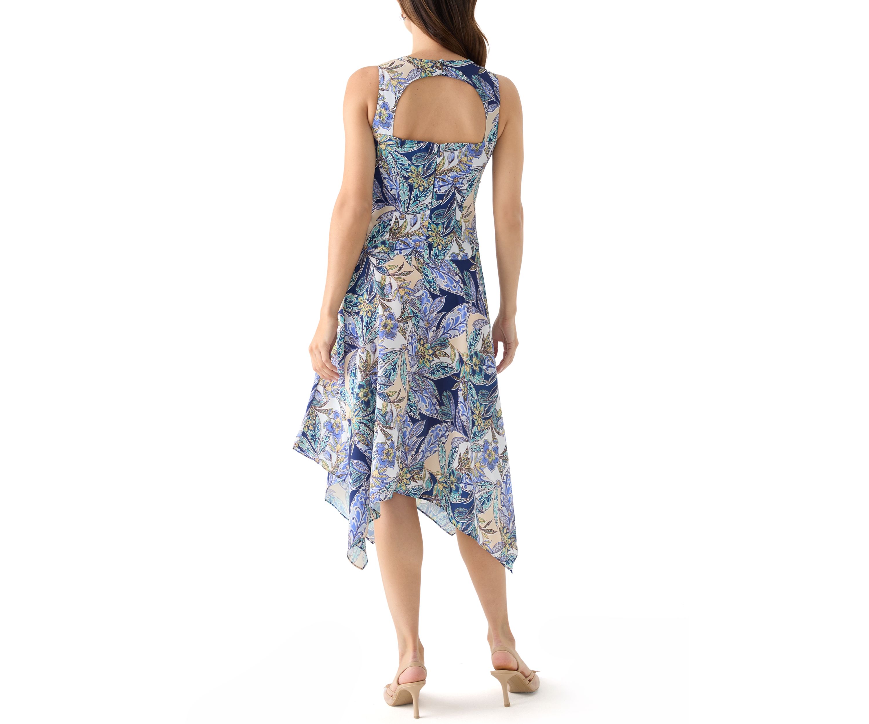 Womens Sleeveless Crew Neck Printed Fit and Flare Dress