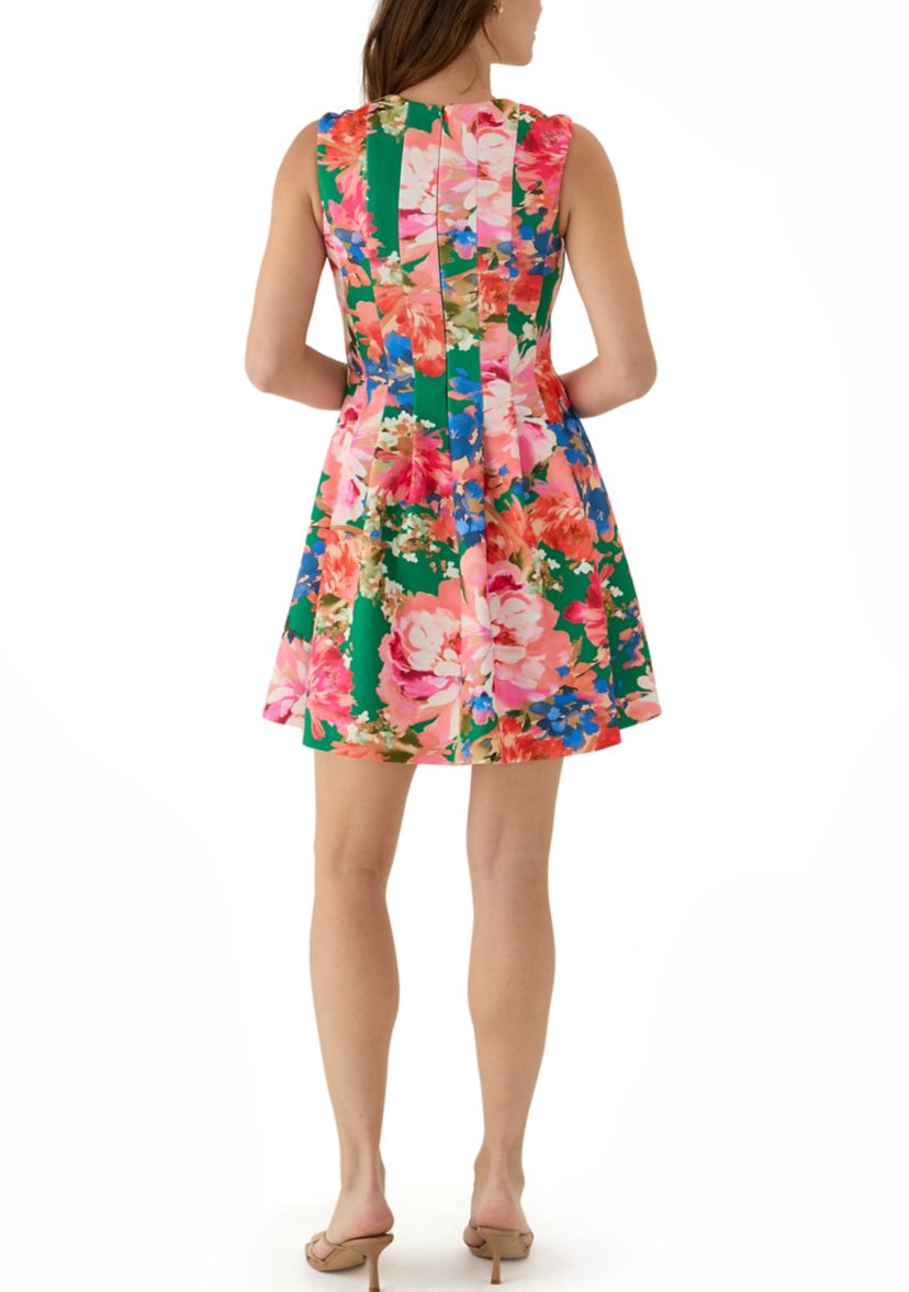 Womens Sleeveless Square Neck Floral Print Fit and Flare Dress