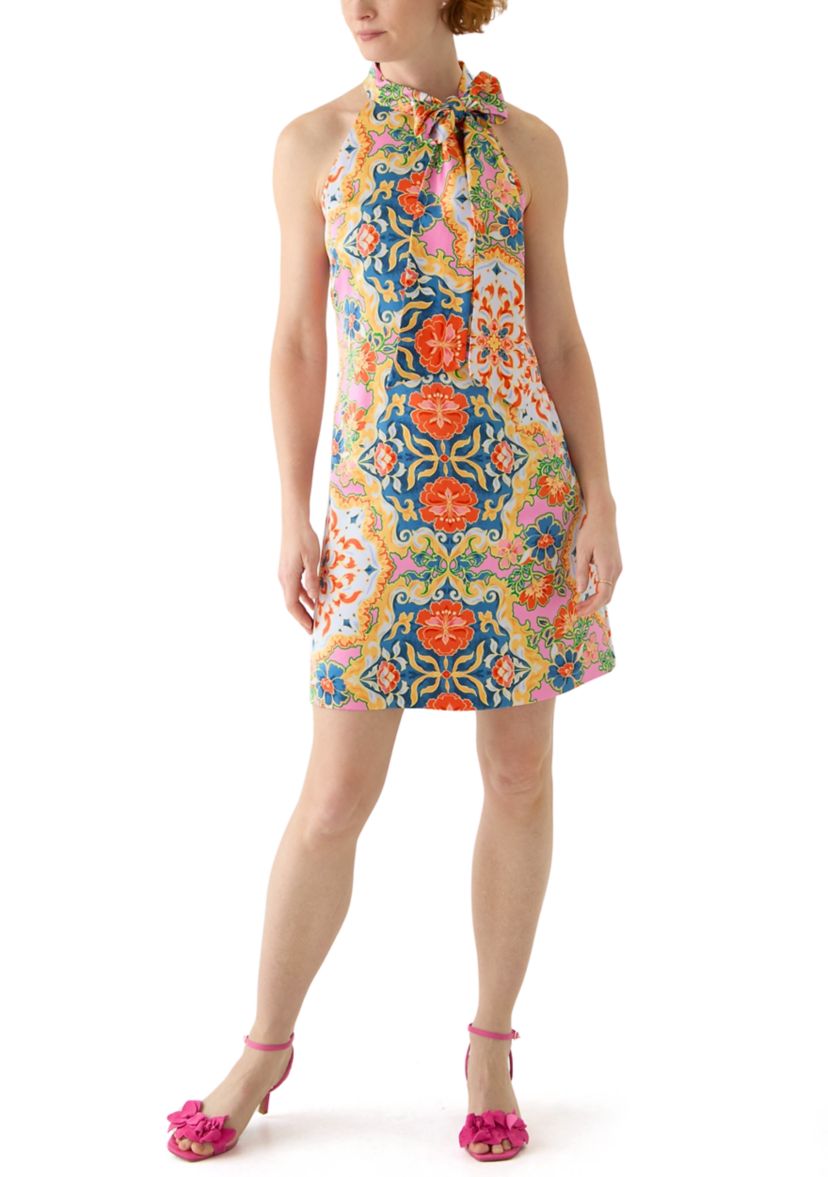Womens Mock Neck Printed Sheath Dress