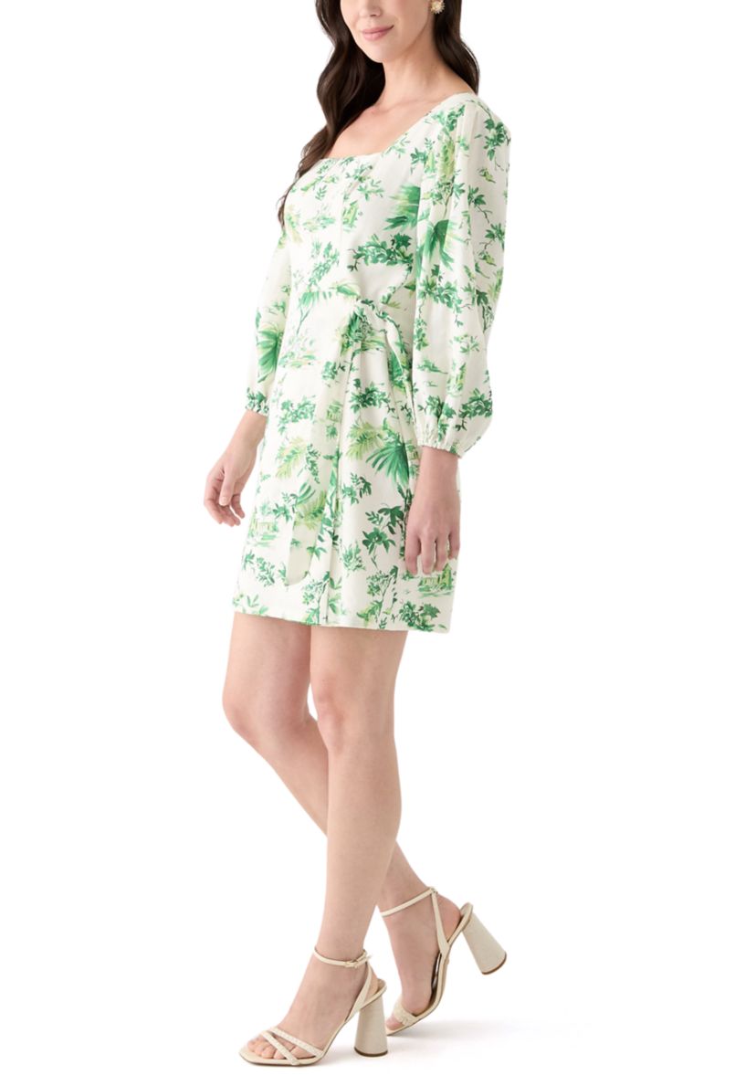 Womens 3/4 Sleeve Square Neck Floral Print Sheath Dress