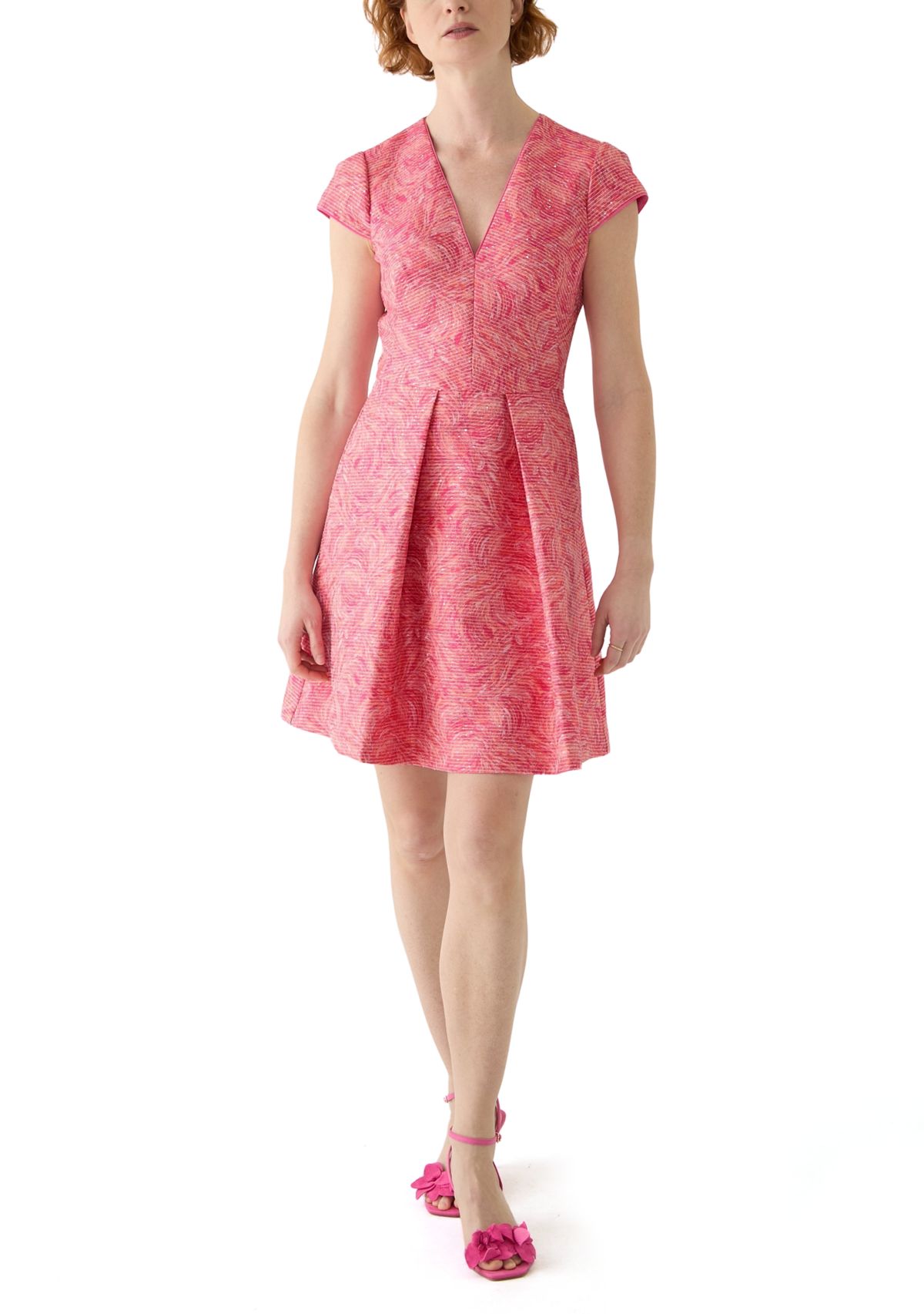 Womens V-Neck Printed Fit and Flare Dress