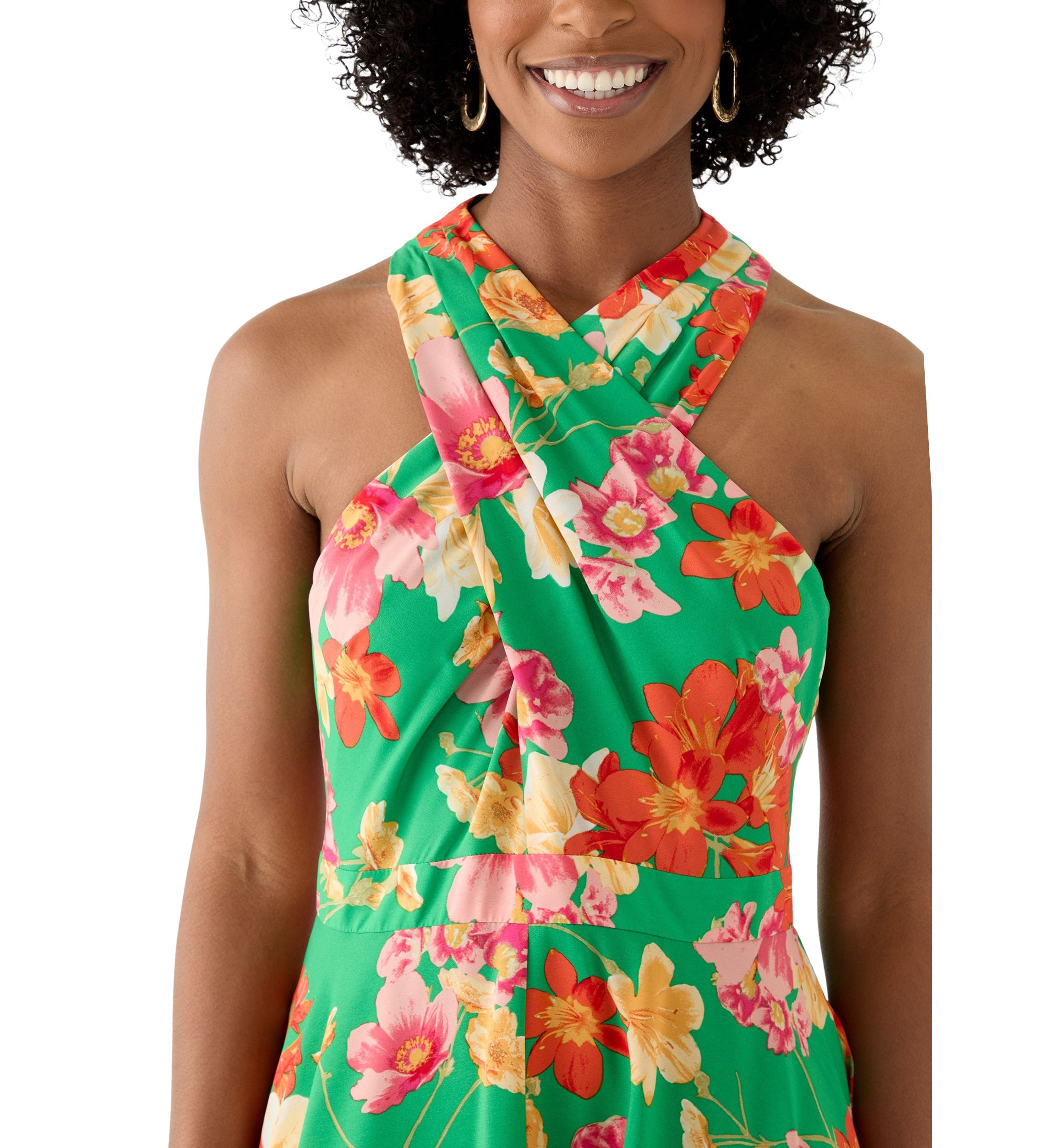 Womens Halter Floral Print Fit and Flare Dress
