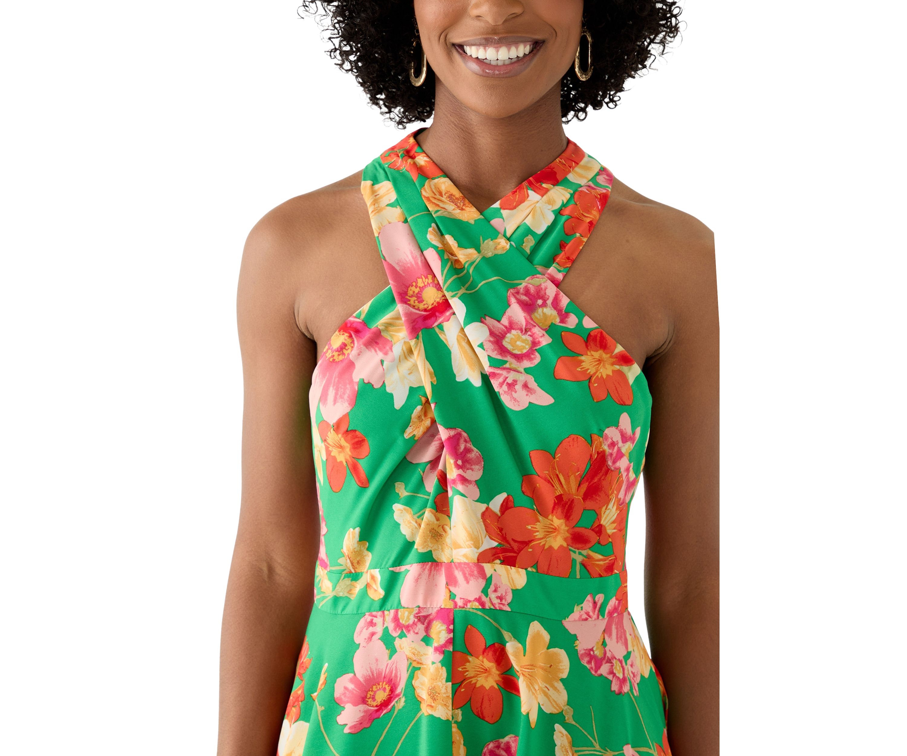 Womens Halter Floral Print Fit and Flare Dress