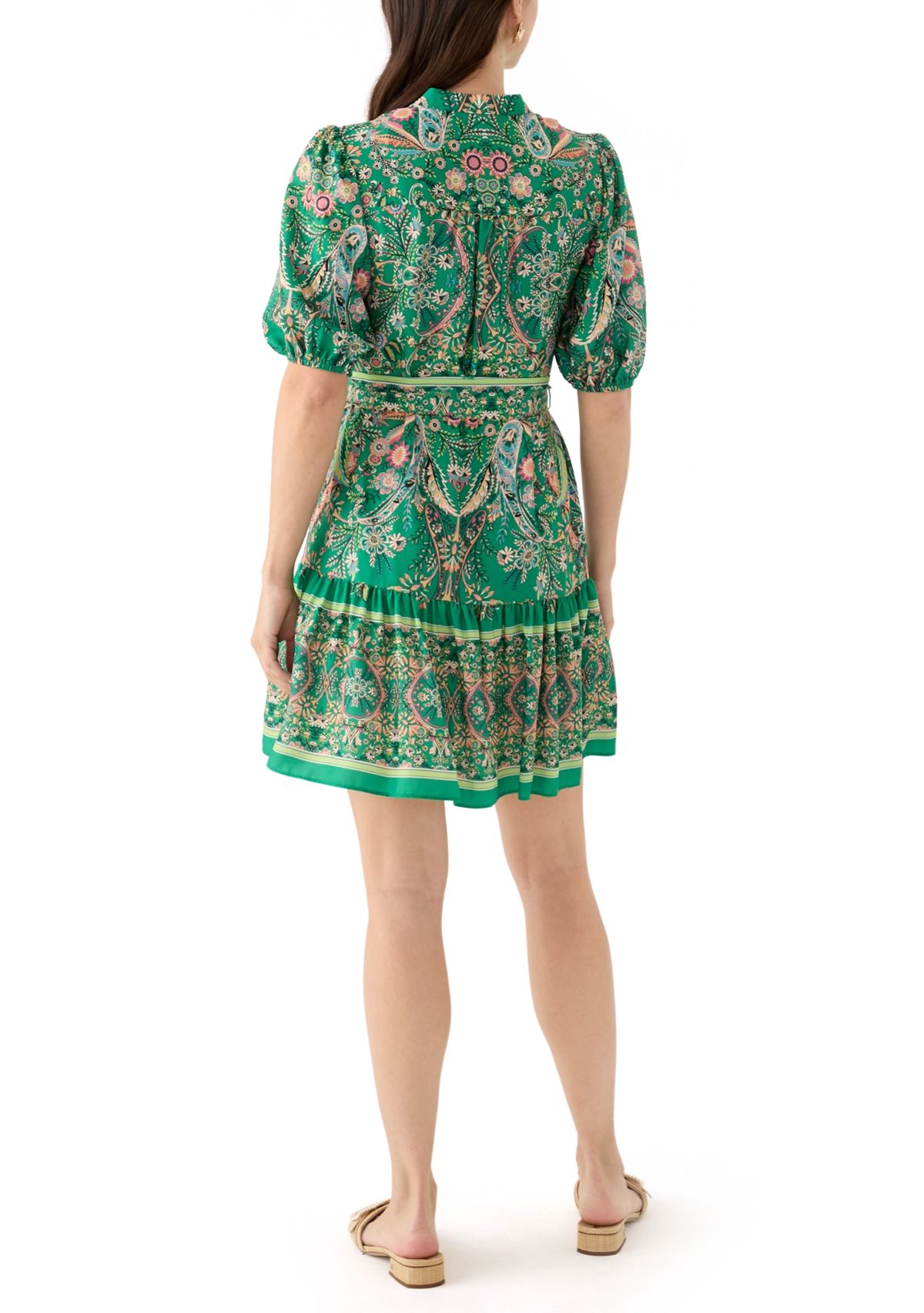 Womens Puff Sleeve Paisley Print Fit and Flare Dress